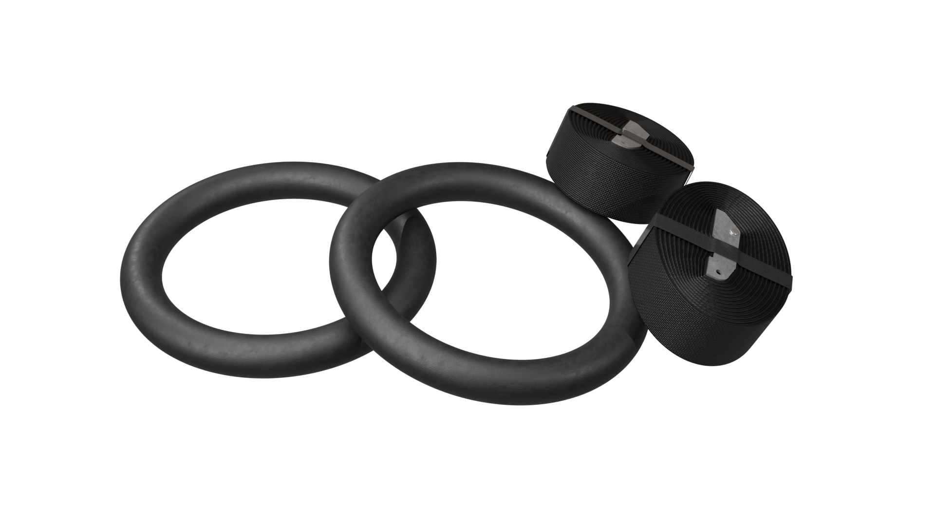 Three black objects on a black background. Two large rings are linked, and two rolls of black strapping are on the right.