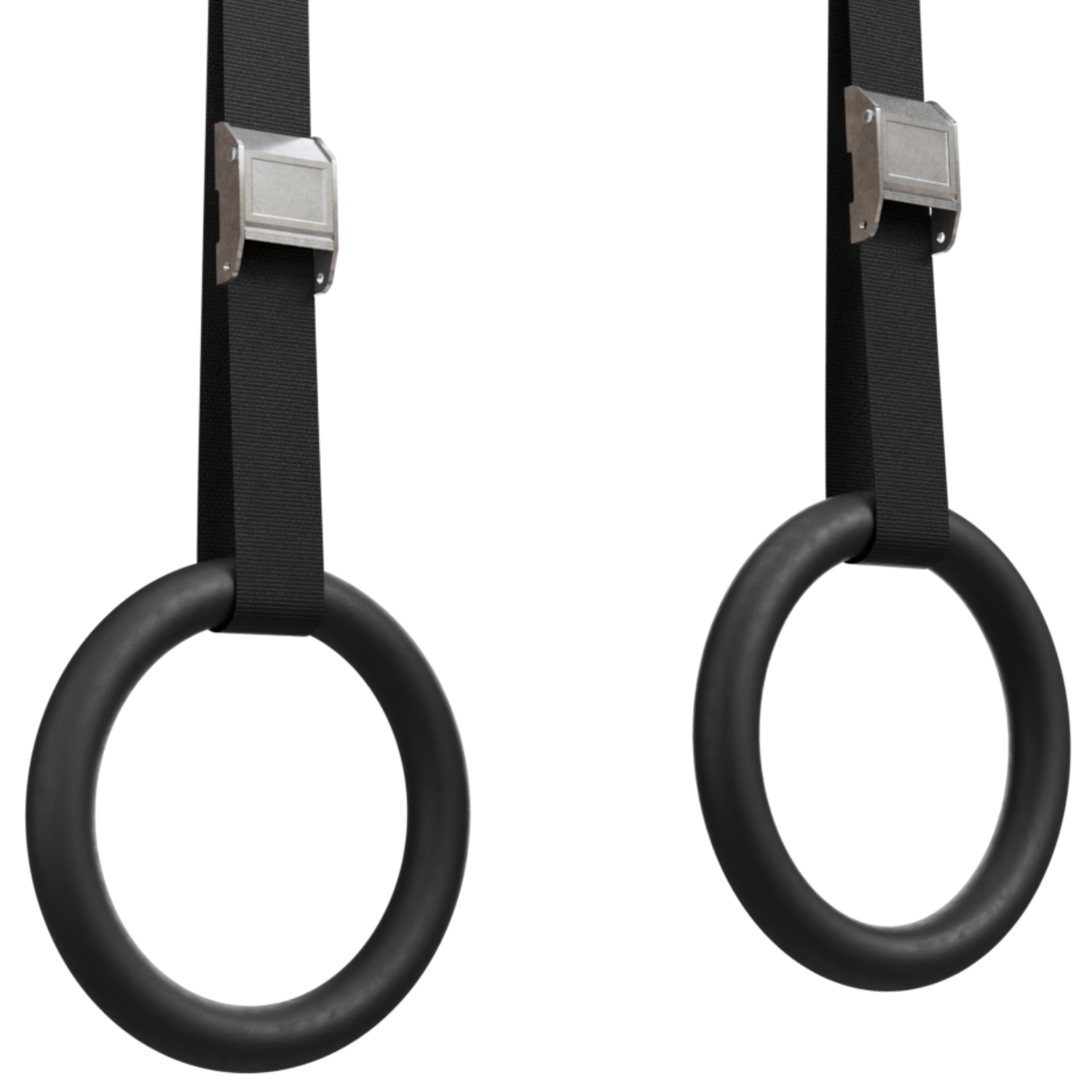 Two black gymnastic rings hanging from black straps with metal buckles, on a white background.
