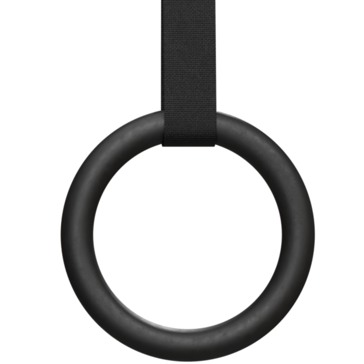 A black gymnastic ring hangs from a black strap against a white background. The ring is round and the strap is rectangular.