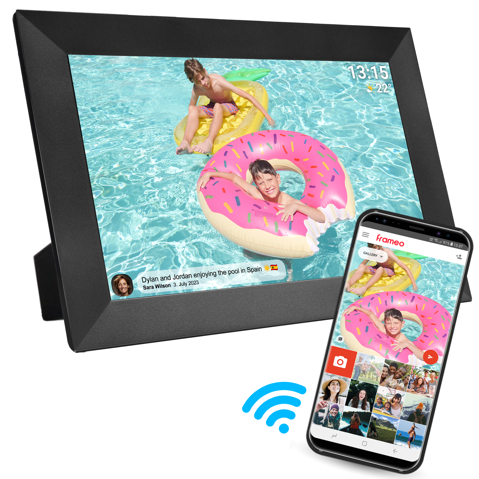 Cyfrowa ramka na zdjęcia wyświetla scenę basenową z dziećmi na dmuchanych zabawkach. Telefon pokazuje ten sam obraz i symbol Wi-Fi.