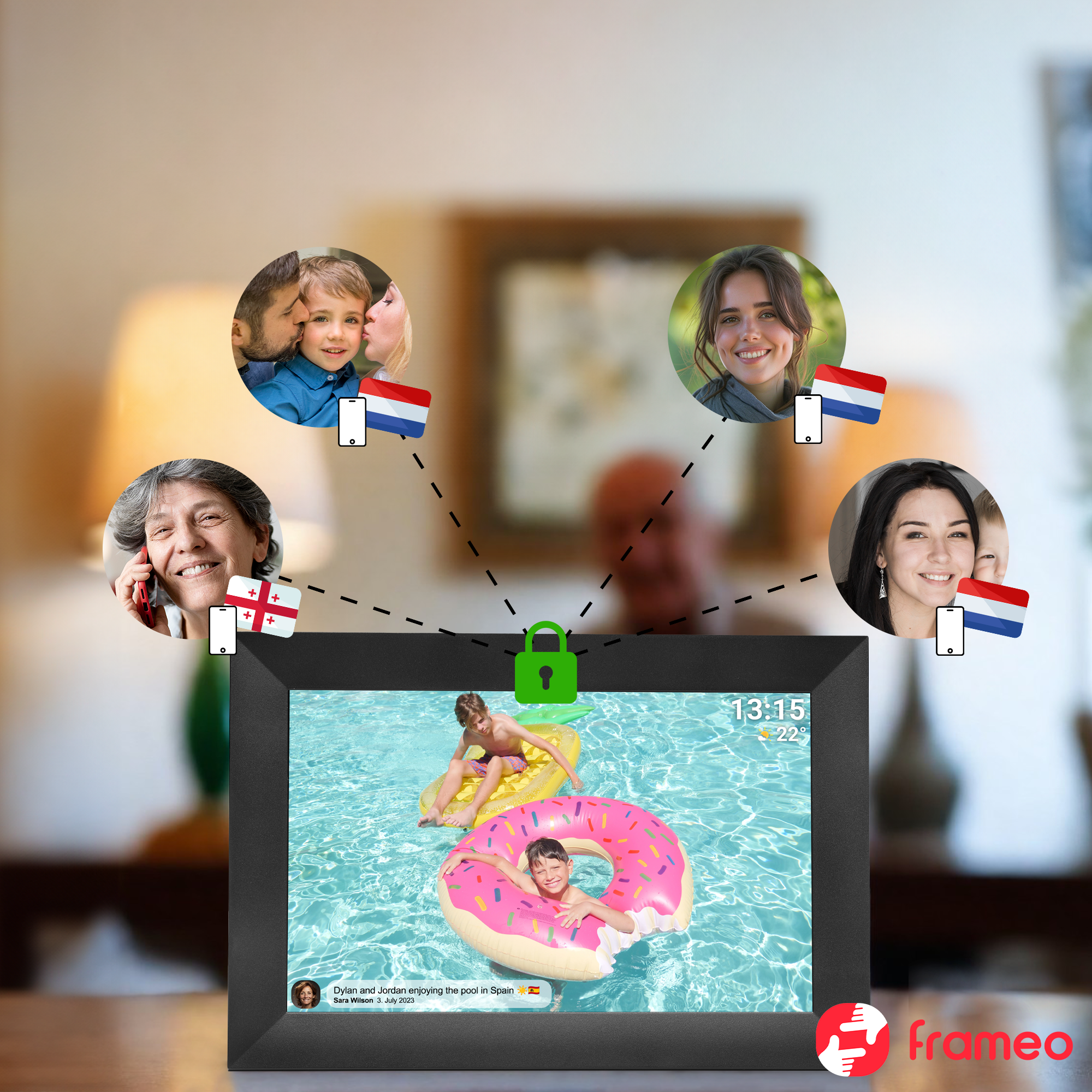 Ramka na zdjęcia wyświetla scenę z basenu z dziećmi na dmuchanych kołach. Inne połączone zdjęcia pokazują ludzi, flagi i ikonę zamka.