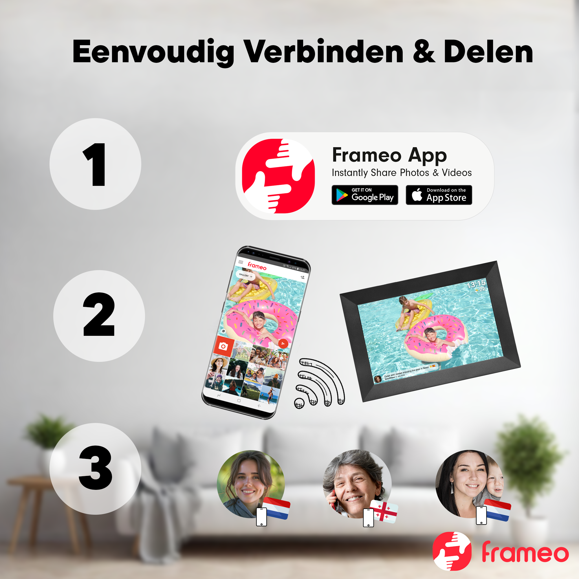 Obraz pokazujący reklamę aplikacji Frameo. Zawiera telefon, cyfrową ramkę, zdjęcia i ludzi. Tekst brzmi: 'Eenvoudig Verbinden & Delen'.