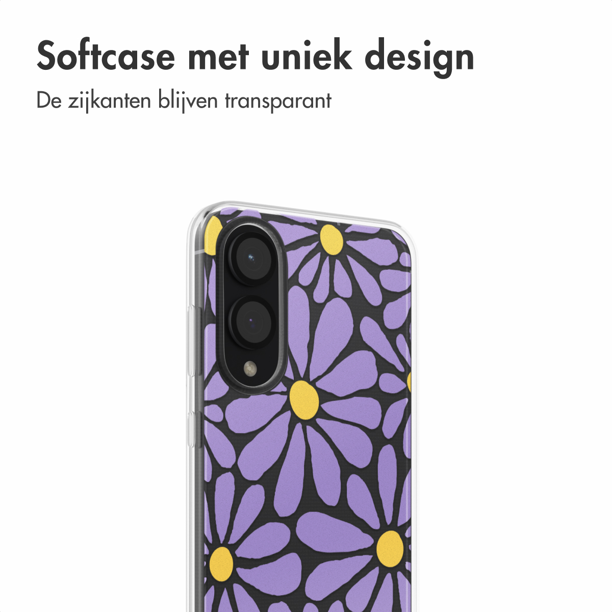 Een telefoonhoesje met paars bloemenpatroon op een zwarte achtergrond. Gele bloemcentra. Transparante rand.