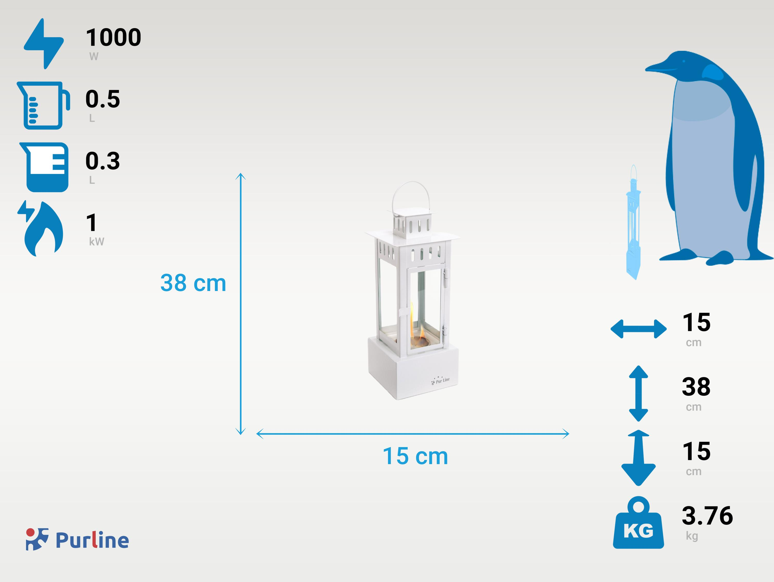 Lámpara blanca con llama, pingüino e información dimensional. Iconos azules indican potencia, volumen y peso.