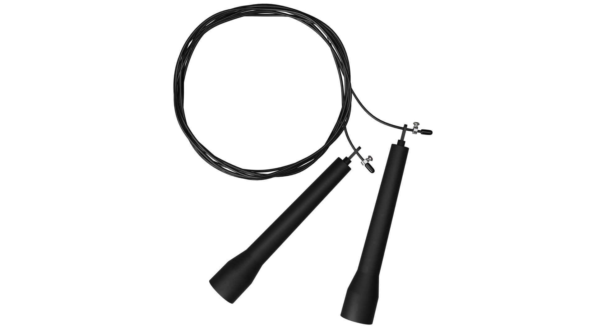 Une corde à sauter noire sur fond noir. Elle a deux poignées noires et un câble noir.