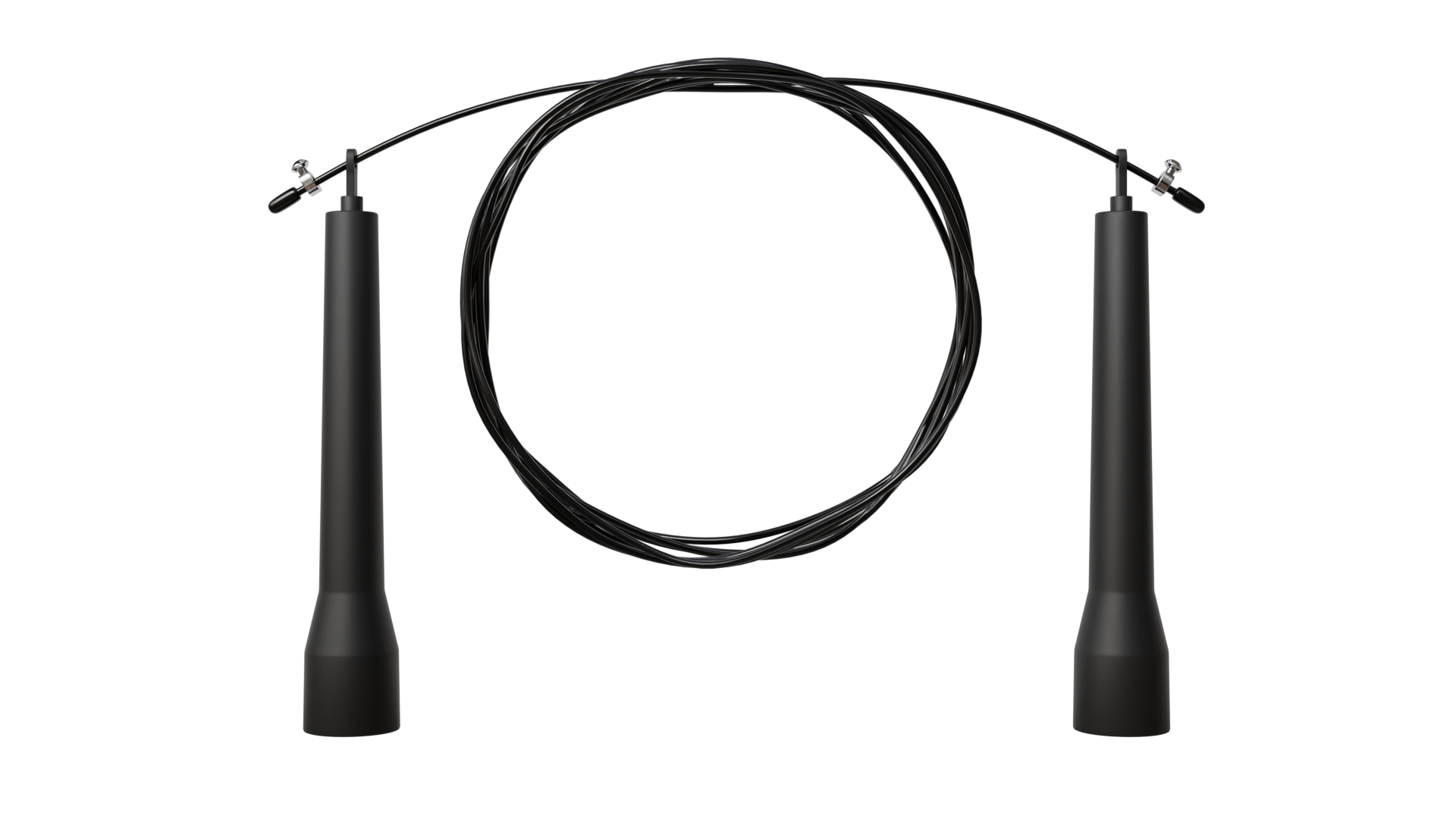 Une corde à sauter noire sur fond noir. Deux poignées en bas, reliées par la corde en cercle.