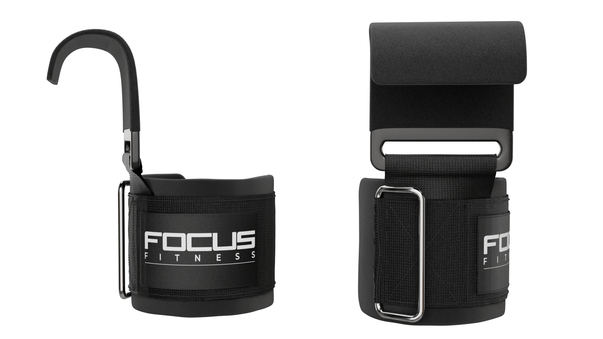 Twee zwarte polsbanden voor gewichtheffen. Eén heeft een haak, de andere een riem en een gesp. Beide hebben labels 'FOCUS FITNESS'.