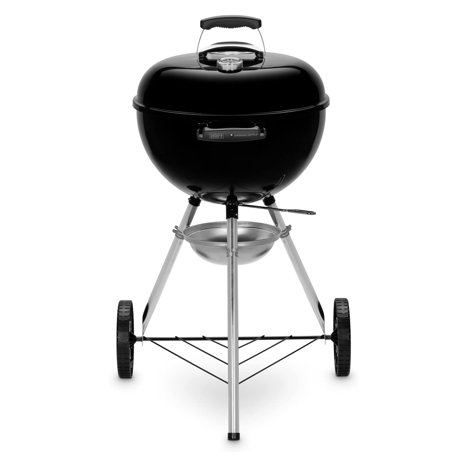 Griglia Weber nera con coperchio a cupola, gambe argentate, due ruote e una maniglia. Su sfondo bianco.