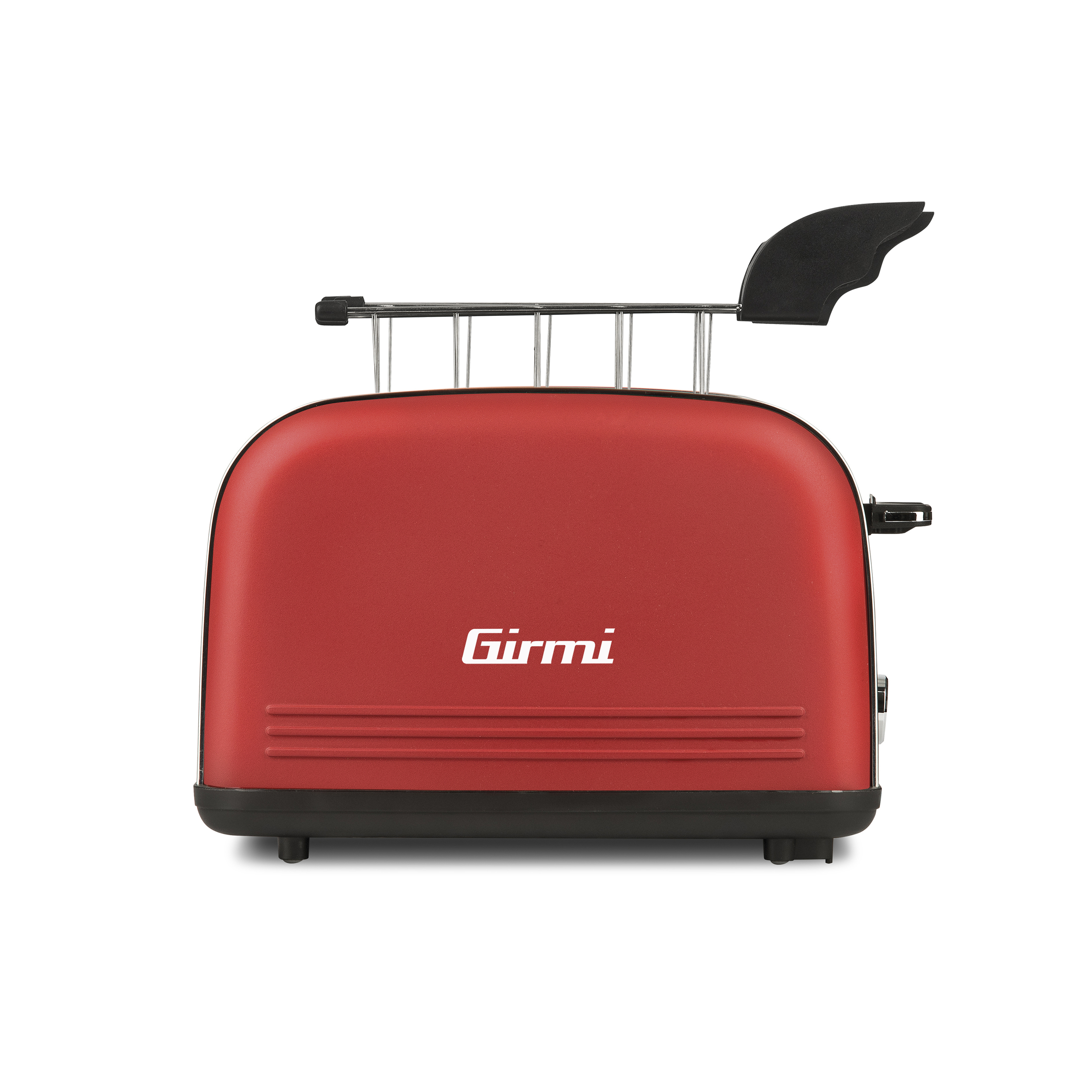 Un tostapane Girmi rosso su sfondo bianco. Il tostapane ha una maniglia nera e un logo.