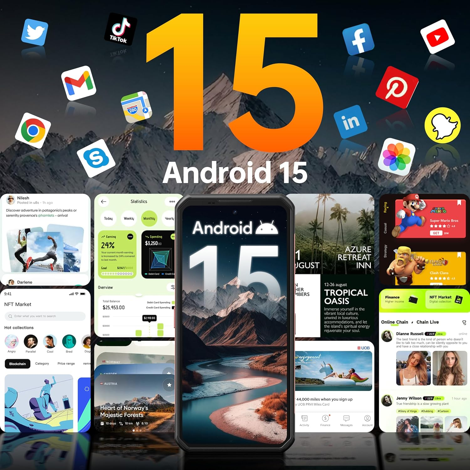 Obraz przedstawia aplikacje, liczbę 15 i telefon z systemem Android. Aplikacje obejmują media społecznościowe i finanse.