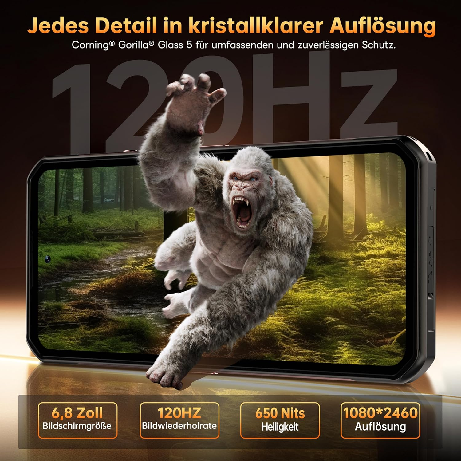 Telefon wyświetla goryla w lesie. Tekst na telefonie mówi '120Hz'. Specyfikacje: ekran 6,8 cala, odświeżanie 120Hz, 650 nitów, rozdzielczość 1080x2460.
