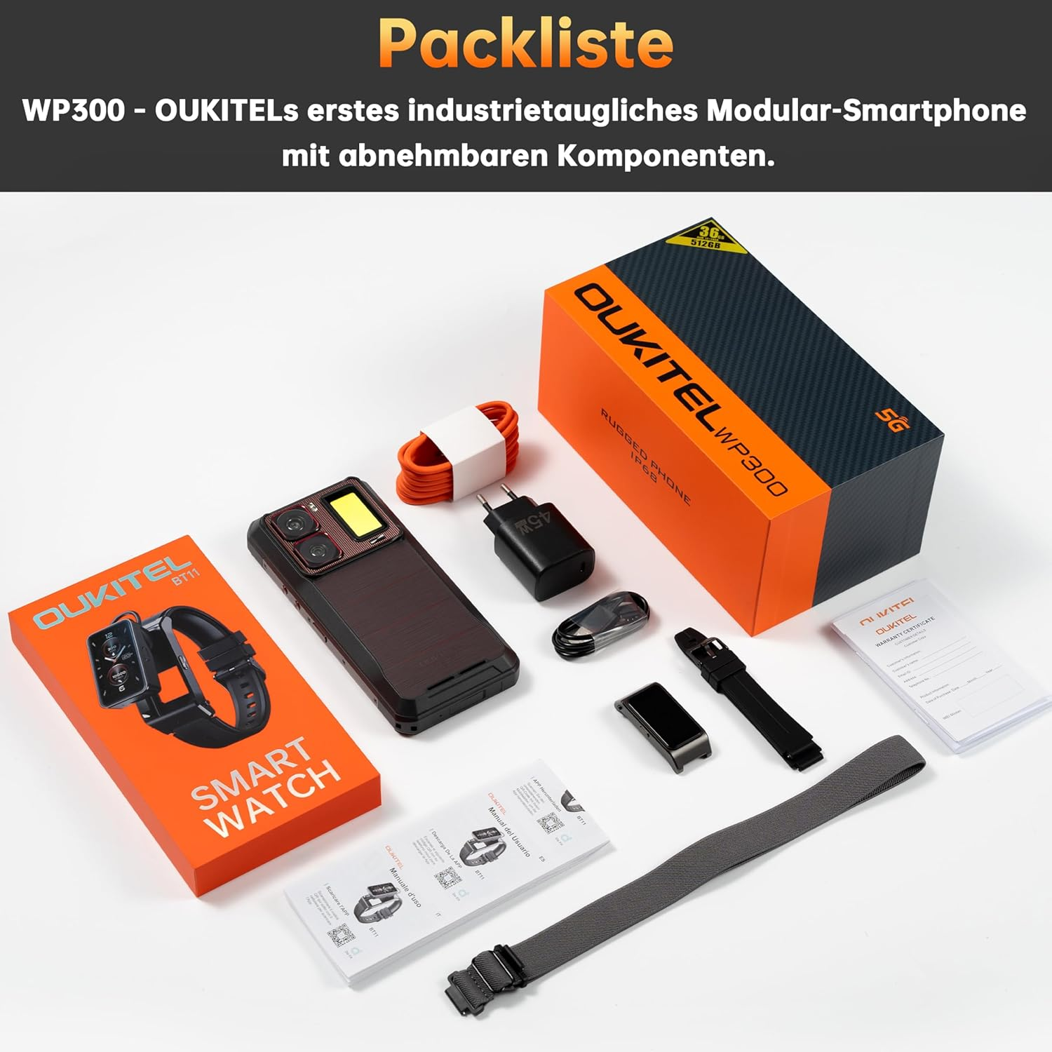 Rozpakowany smartfon Oukitel WP300 i akcesoria. Zawiera smartwatch, ładowarkę, kable i kartę gwarancyjną na białej powierzchni.
