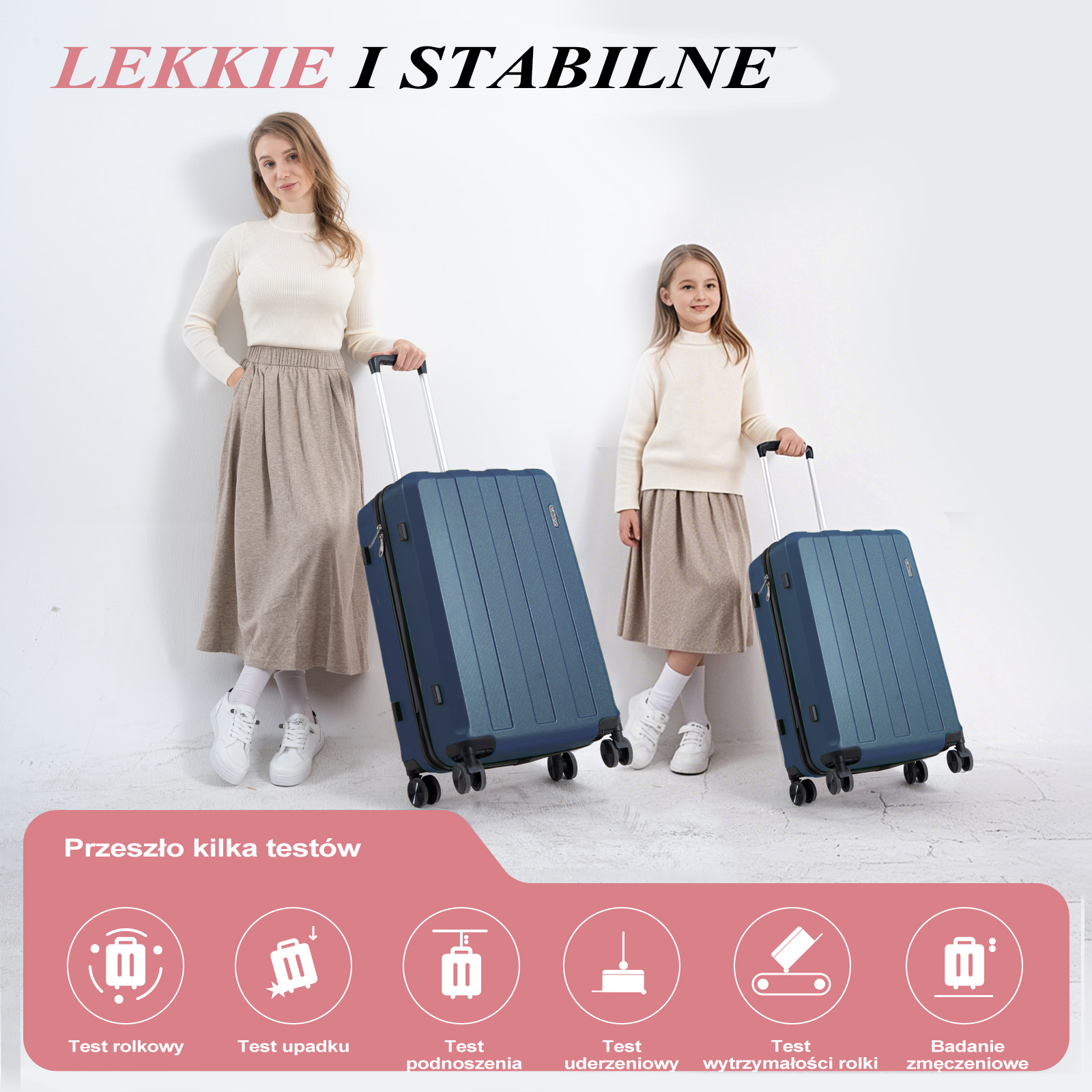 Kobieta i dziewczynka z niebieskimi walizkami. Tekst: LEKKIE I STABILNE. Ikony testów na dole.