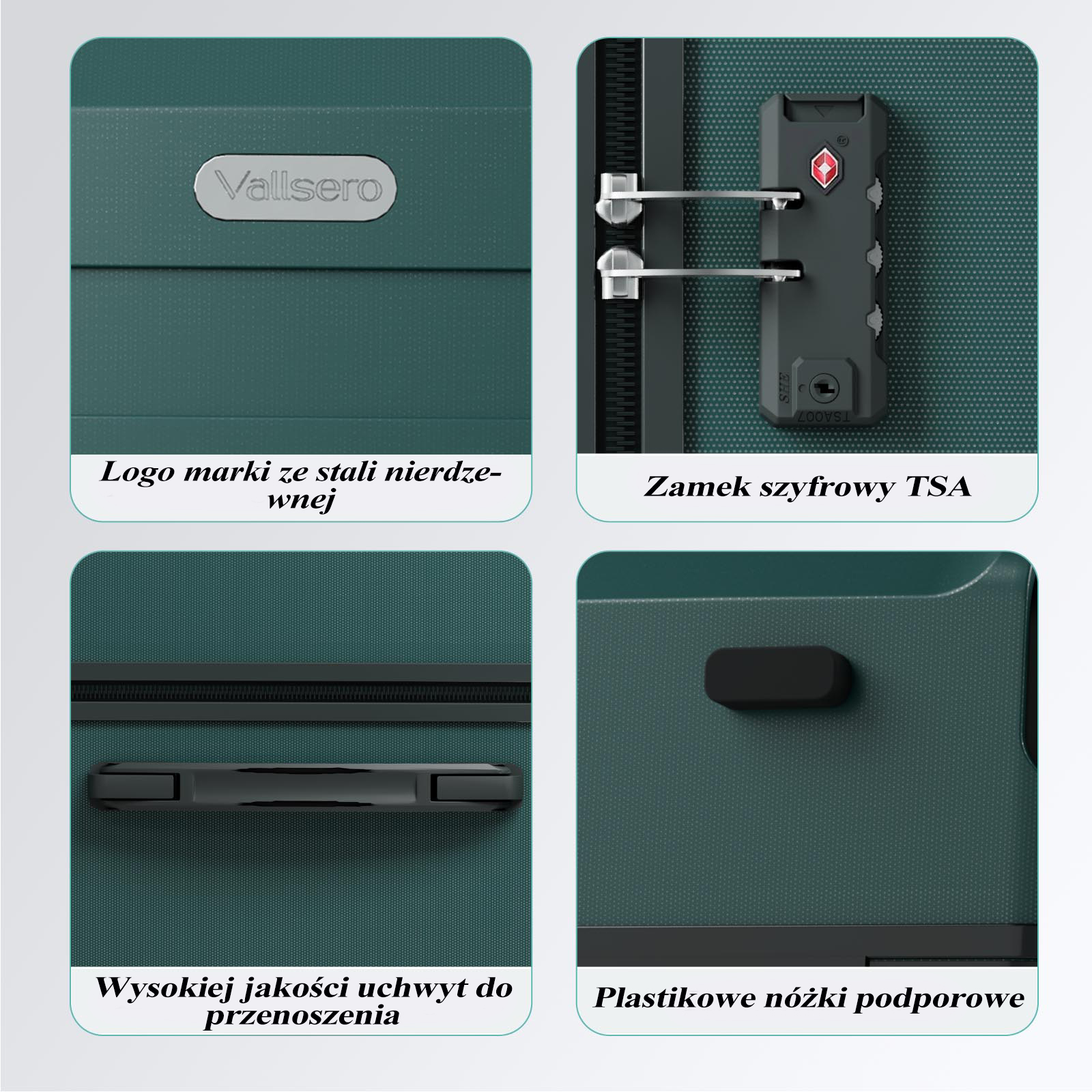 Walizka z różnymi elementami: logo, zamek TSA, uchwyt i plastikowe nóżki. Wszystkie elementy są ciemnozielone.