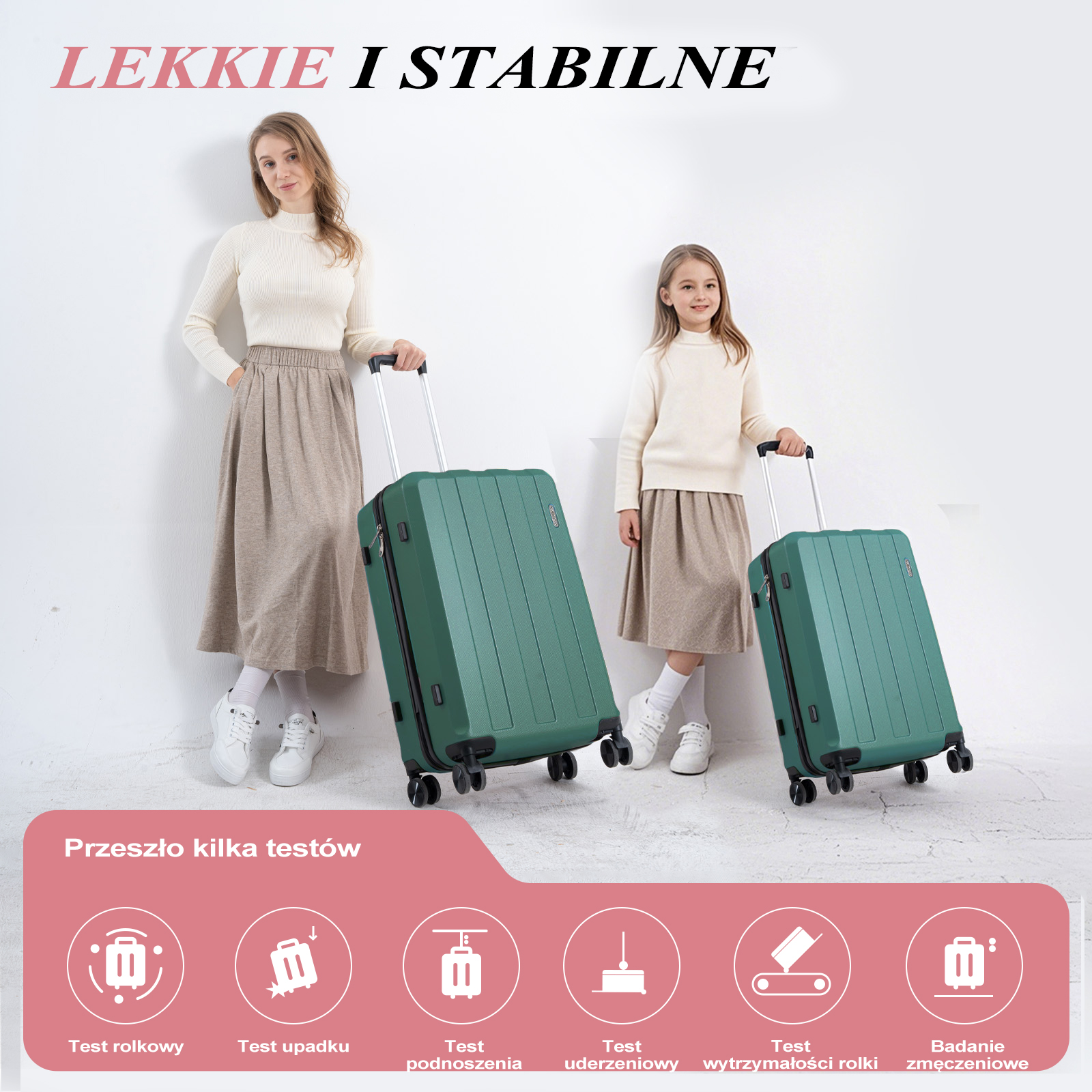 Kobieta i dziewczynka z zielonymi walizkami. Tekst: LEKKIE I STABILNE, i ikony pokazujące testy walizek.