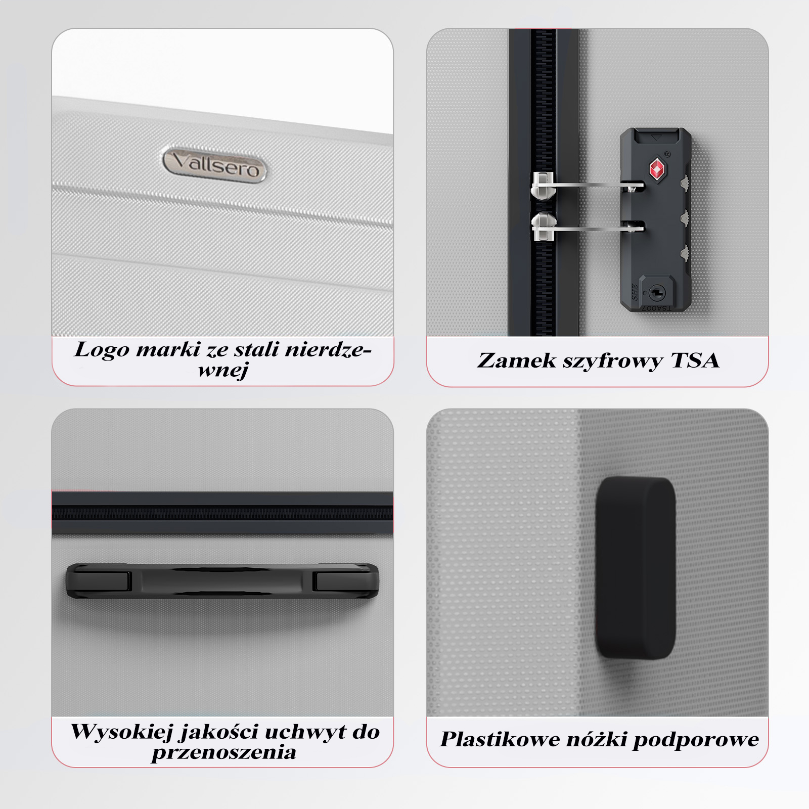 Zbliżenie walizki ze stalowym logo, zamkiem TSA, uchwytem i nóżkami. Szare tło.