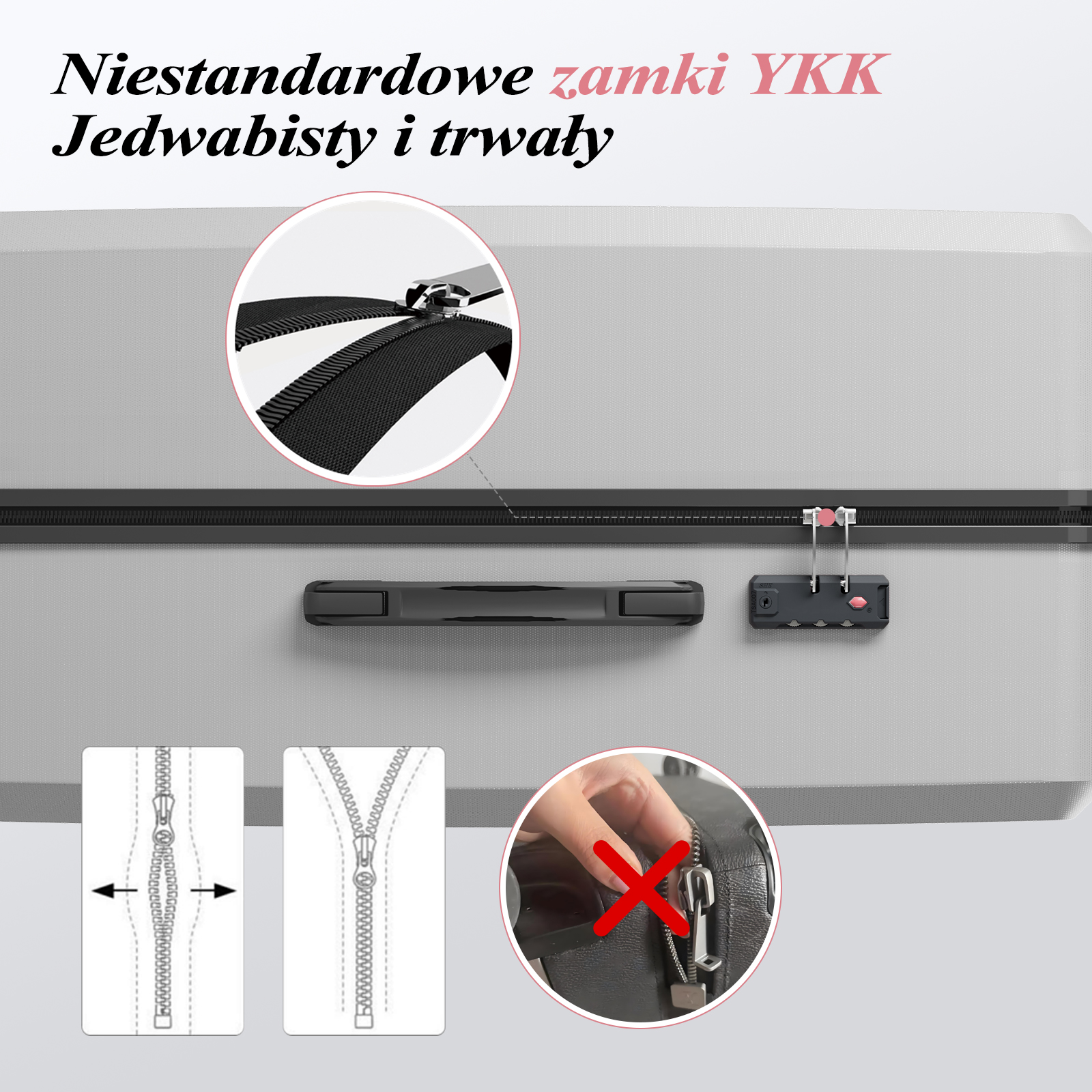 Szara walizka z czarnymi detalami zamka błyskawicznego. Zbliżenie na zamek błyskawiczny, zamek szyfrowy i uchwyt. Tekst: Zamki YKK.