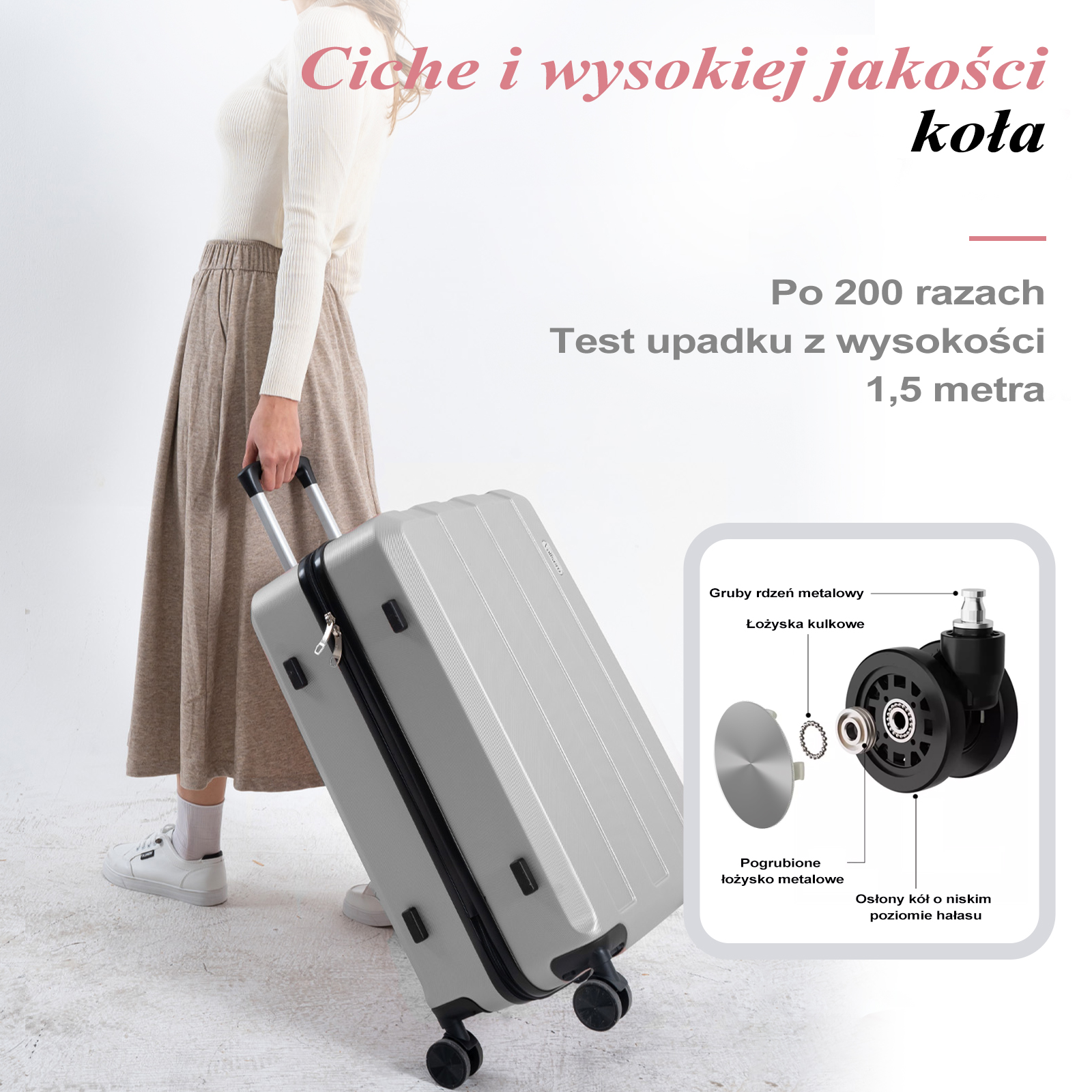 Osoba trzyma szarą walizkę na kółkach. Tekst wskazuje ciche, wysokiej jakości kółka i szczegóły testu upadku.