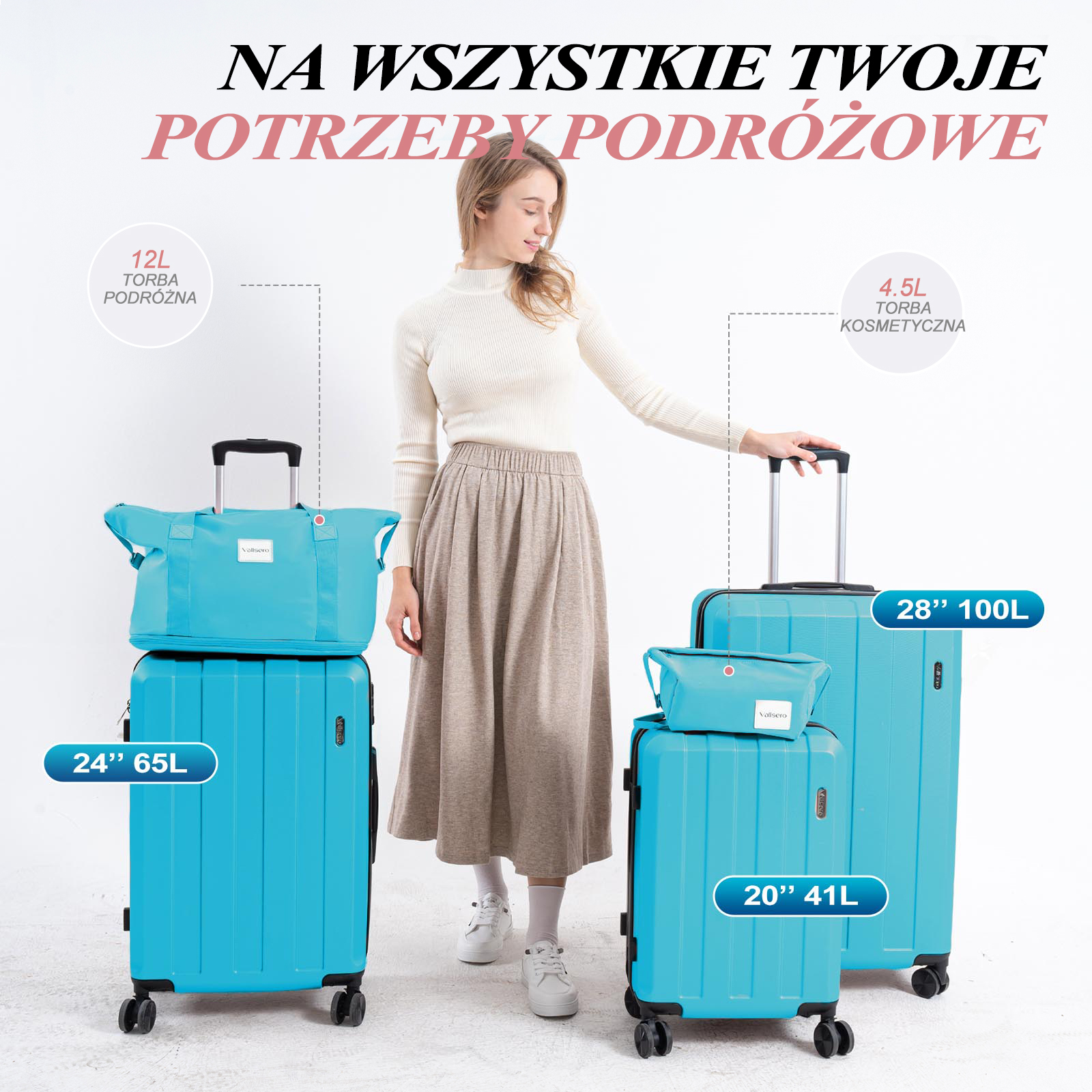Kobieta stoi z czterema turkusowymi bagażami. Bagaż obejmuje torbę, walizkę i kosmetyczki.