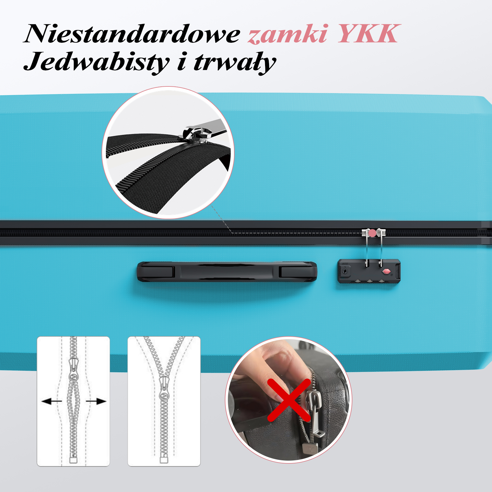 Niebieska walizka z czarnym zamkiem błyskawicznym i zamkiem. Tekst: 'Niestandardowe zamki YKK Jedwabisty i trwaly'.