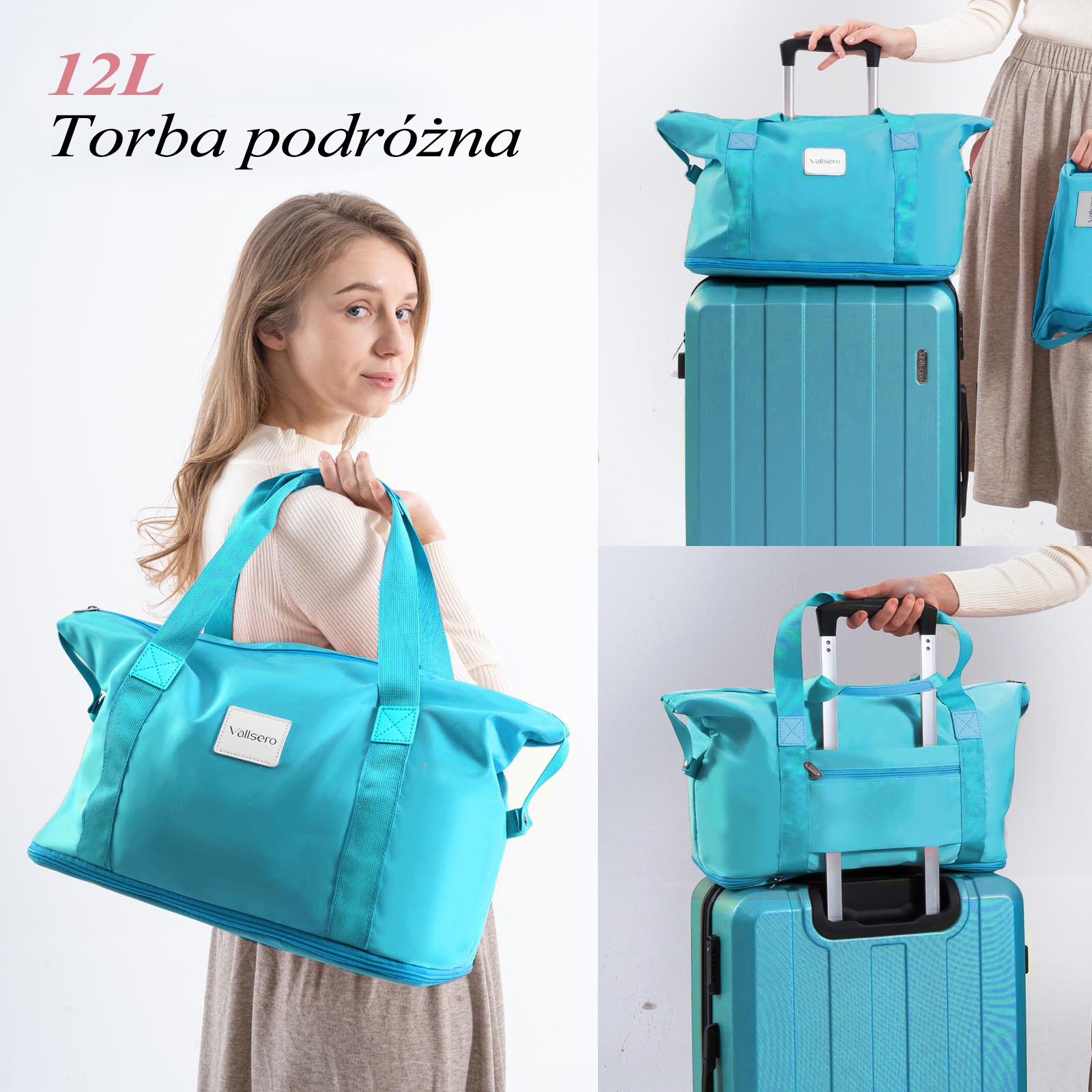Kobieta trzyma niebieską torbę podróżną. Są dwie inne torby i walizka. Tekst mówi 'Torba podróżna'.
