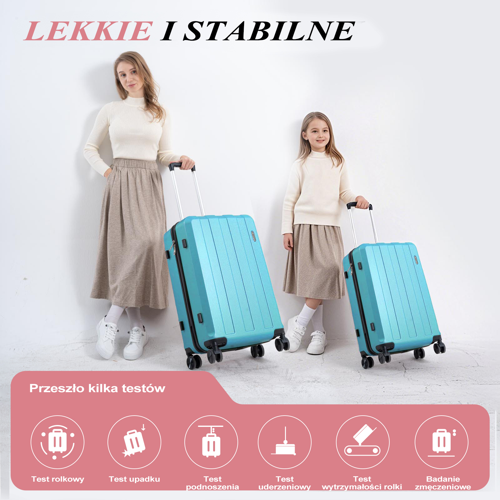 Dwie kobiety i dziecko z pasującymi turkusowymi walizkami. Ikony testów znajdują się na dole obrazu.