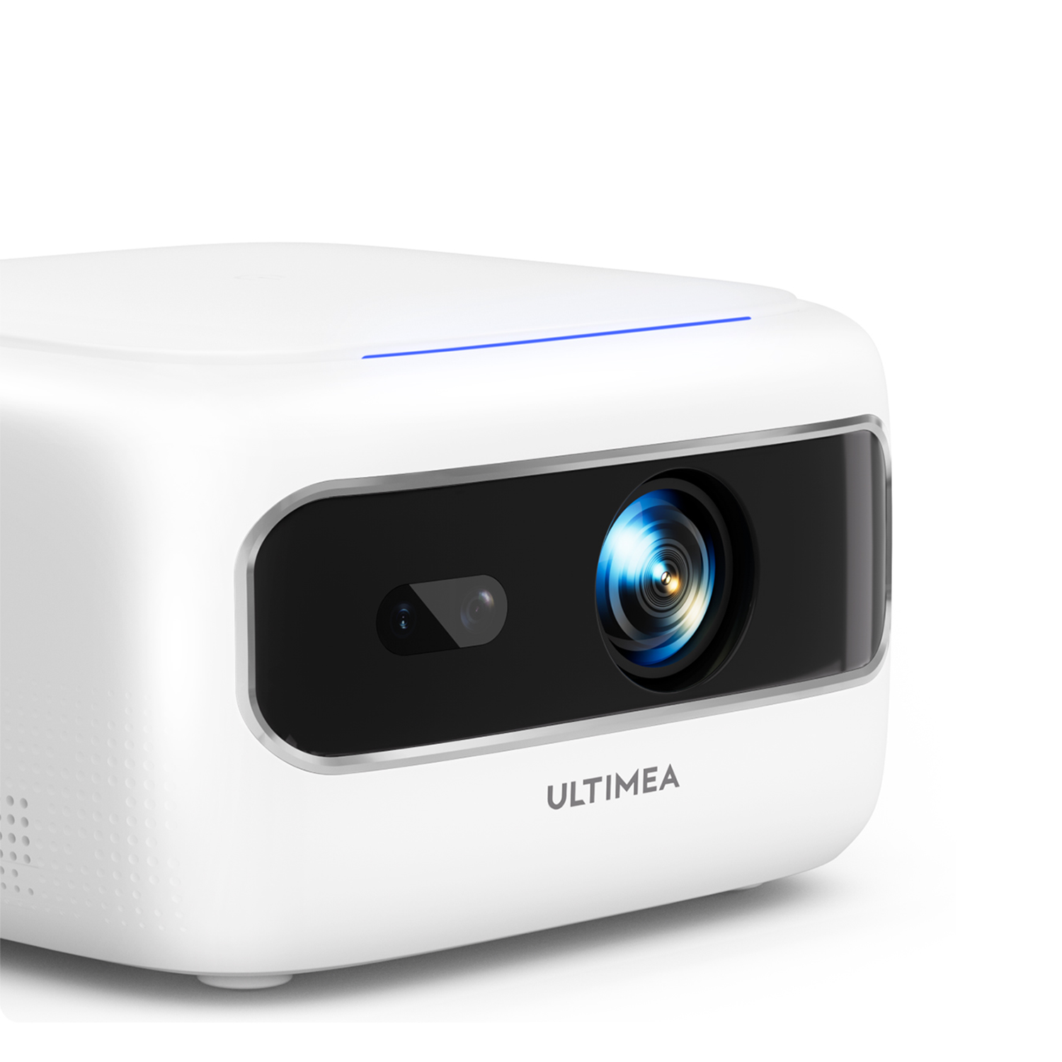 Proyector Ultimea blanco con lente negra. Una luz azul en la parte superior. El nombre de la marca está escrito en el lateral. El fondo es blanco.