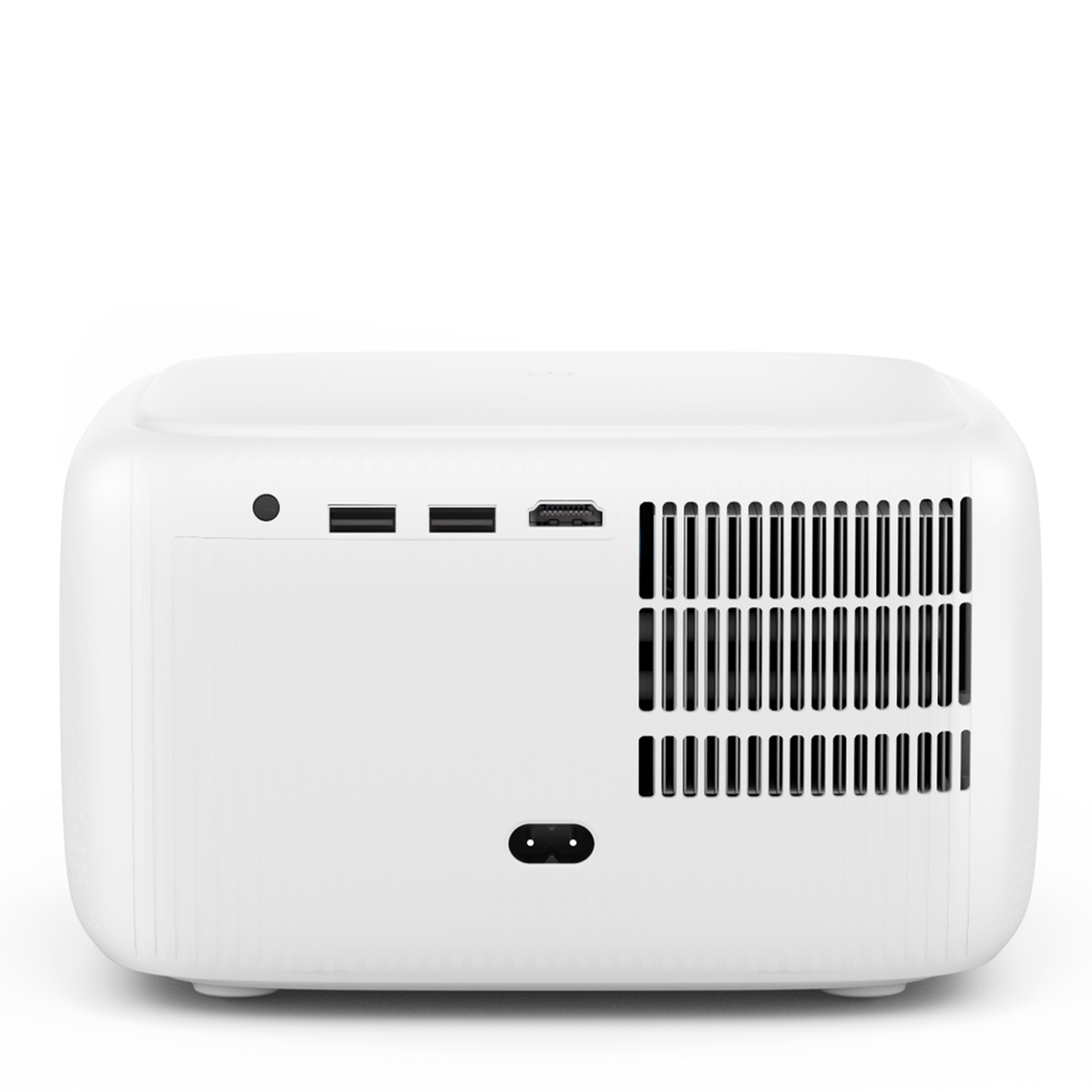Un proyector blanco con puertos y rejillas. El panel trasero incluye puertos USB, HDMI y un conector de alimentación.