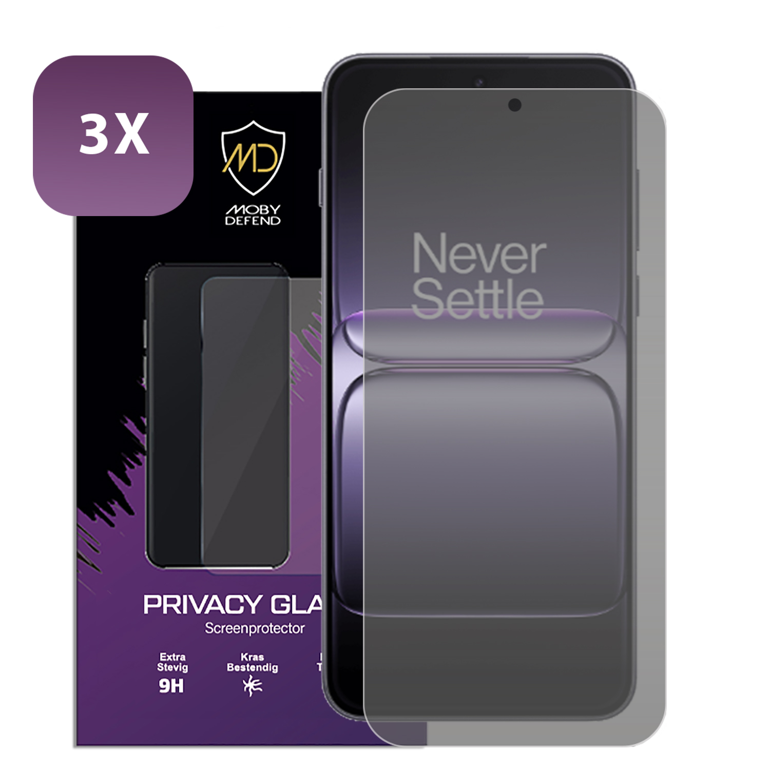 Een telefoon met een privacy screenprotector. De verpakking toont het merk en productdetails. Het scherm zegt 'Never Settle'.