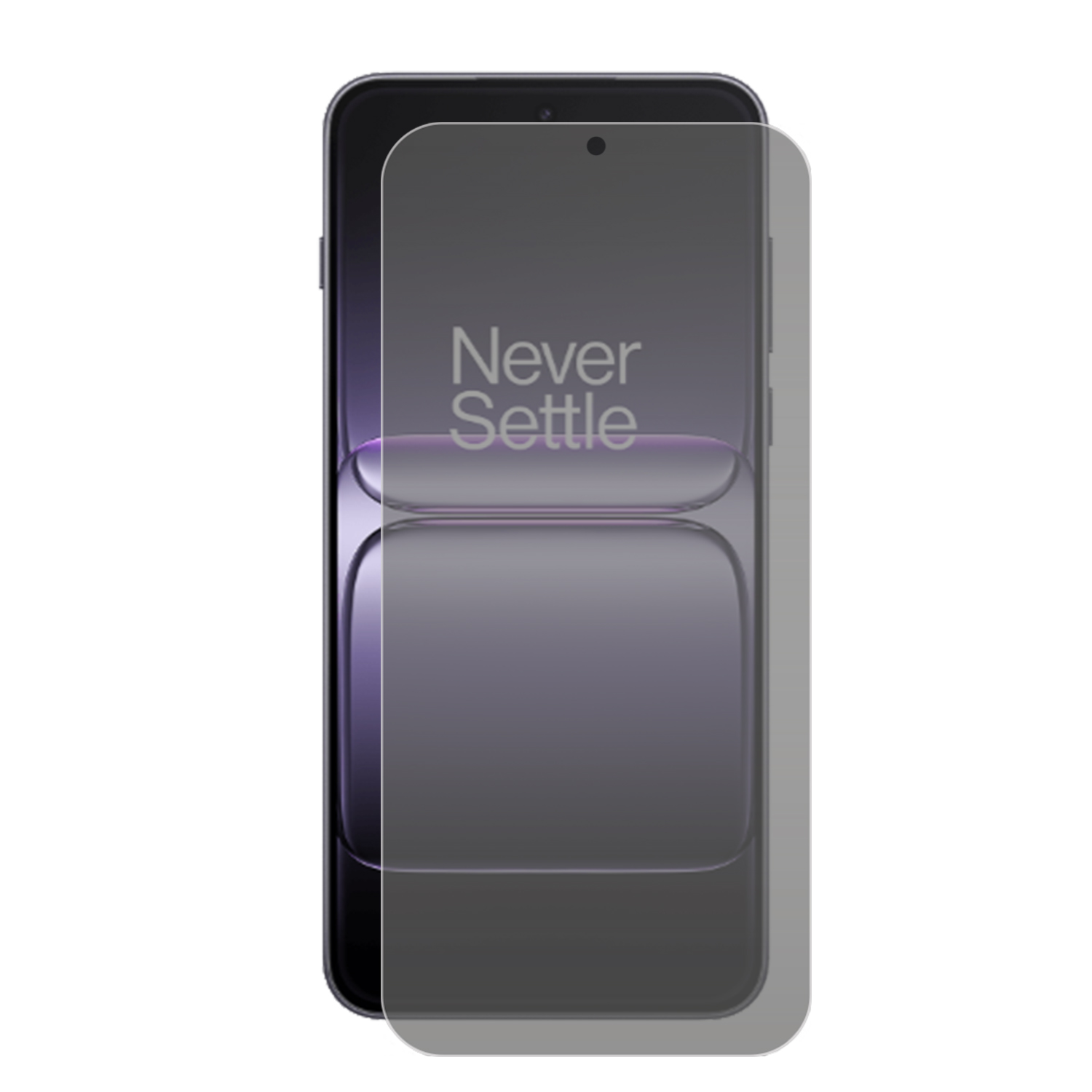 Een smartphone met een schermbeschermer. De schermbeschermer heeft de tekst 'Never Settle'. De telefoon is zwart en de beschermer is donkergrijs.