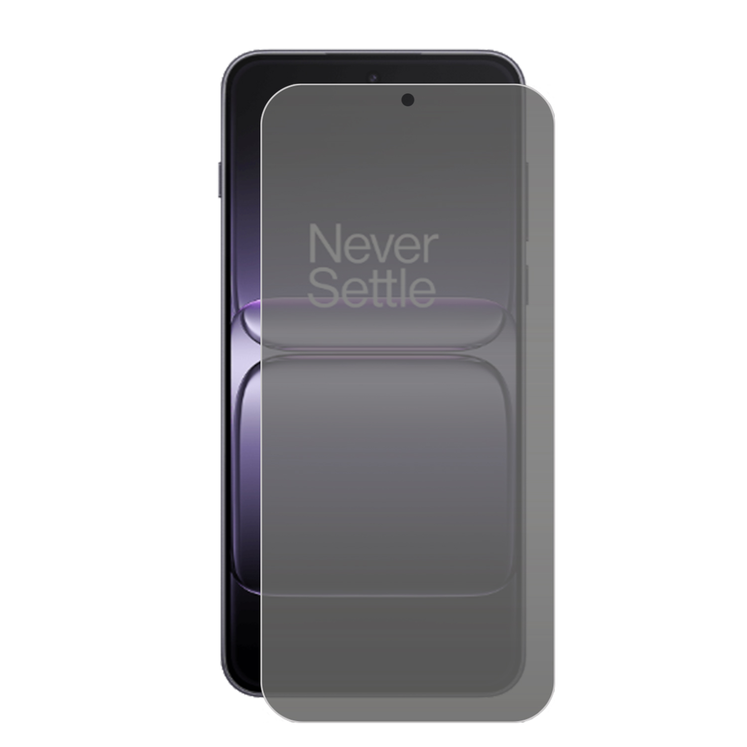 Un smartphone avec un protecteur d'écran. L'écran affiche 'Never Settle' en blanc. Le téléphone est sur fond blanc.
