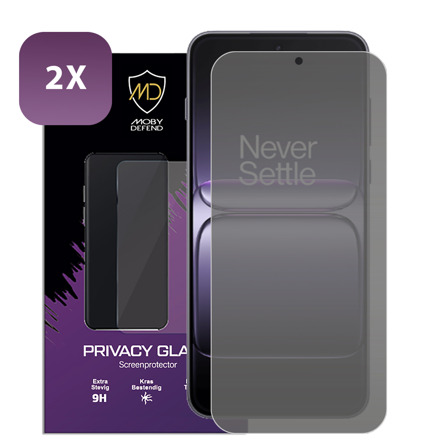 Un téléphone avec un protecteur d'écran et son emballage. L'emballage indique 'PRIVACY GLASS' et 'Never Settle' est visible sur l'écran.