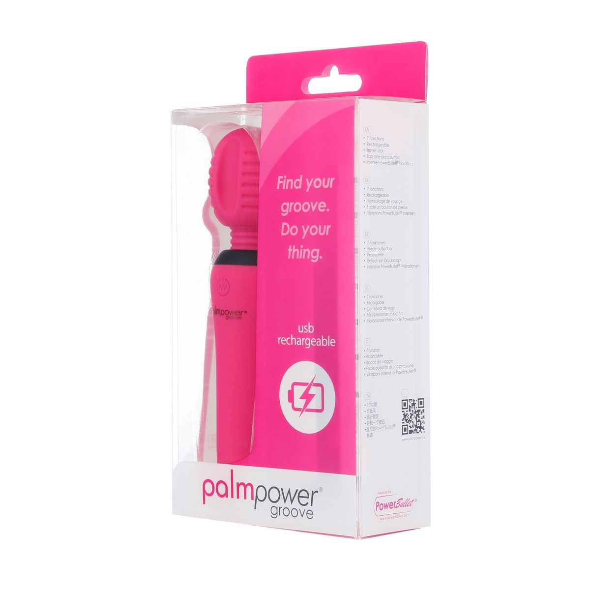 Rosa Sexspielzeug in einer Box. Text: Finde deine Groove. Mach dein Ding. USB aufladbar. Palm Power Groove.
