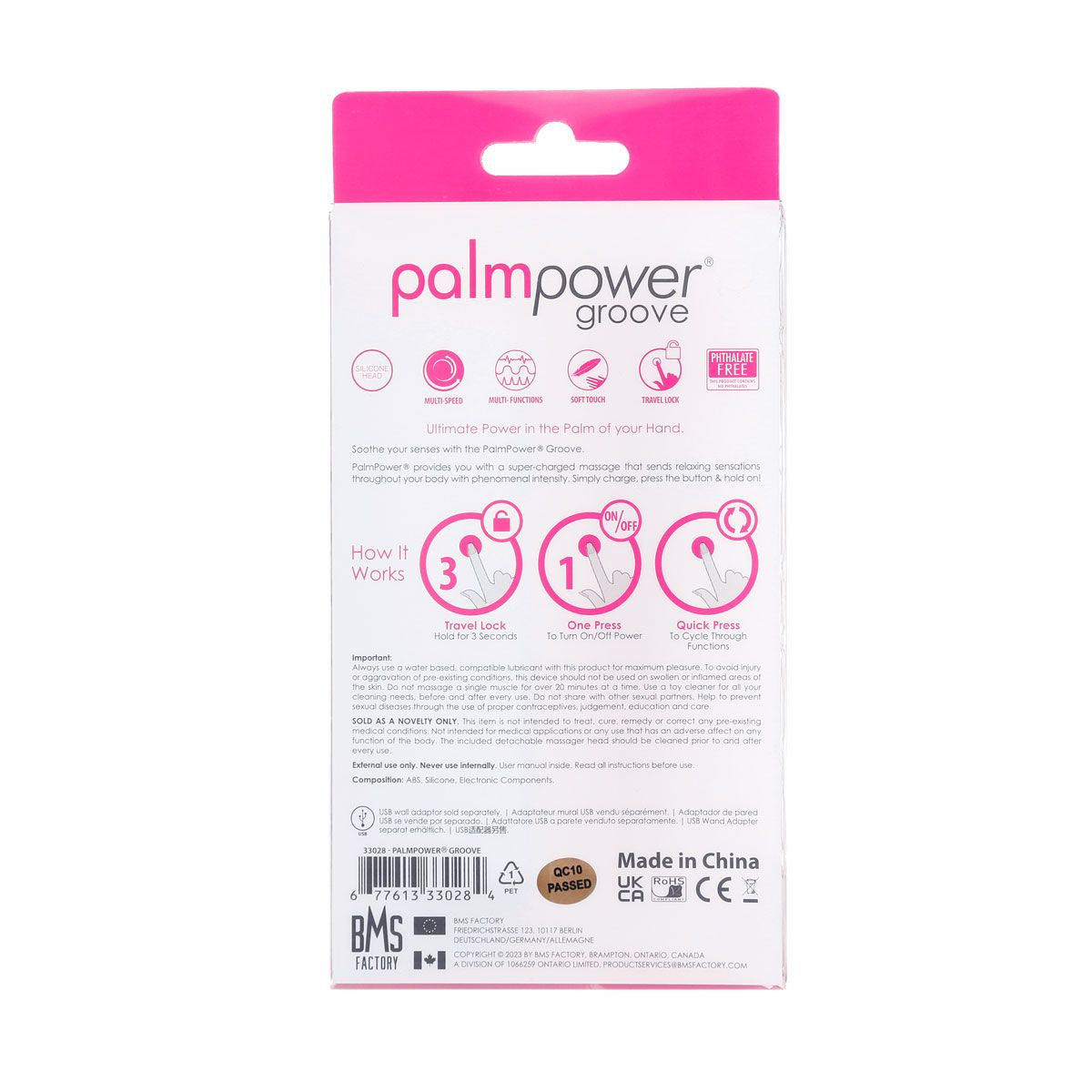 Rosa-weiße Schachtel mit 'palmpower groove'-Logo. Sie enthält Produktinformationen und Anweisungen.