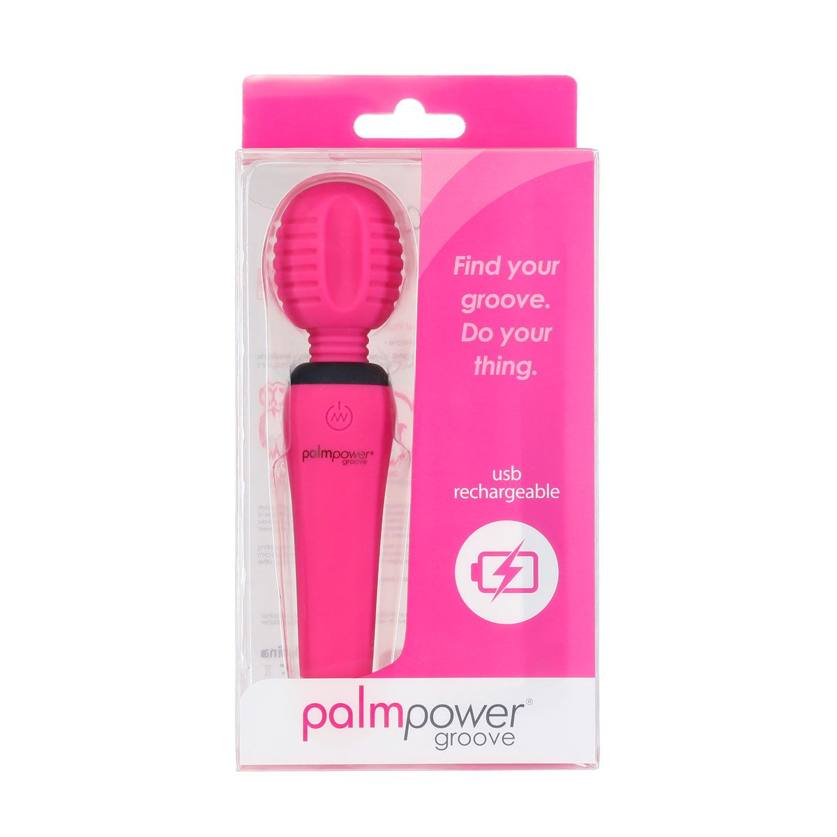 Ein pinkfarbener Palm Power Groove-Vibrator befindet sich in einer durchsichtigen Plastikhülle. Die Verpackung ist rosa mit Text und einem Batteriesymbol.