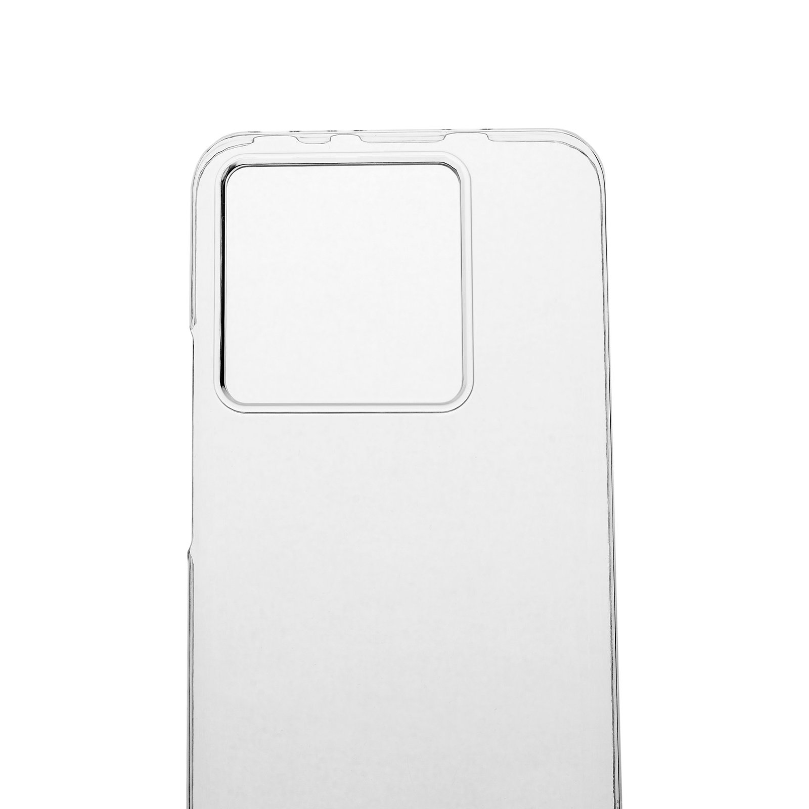 Una funda transparente para teléfono sobre un fondo blanco. La funda tiene un recorte para la cámara y es ligeramente transparente.