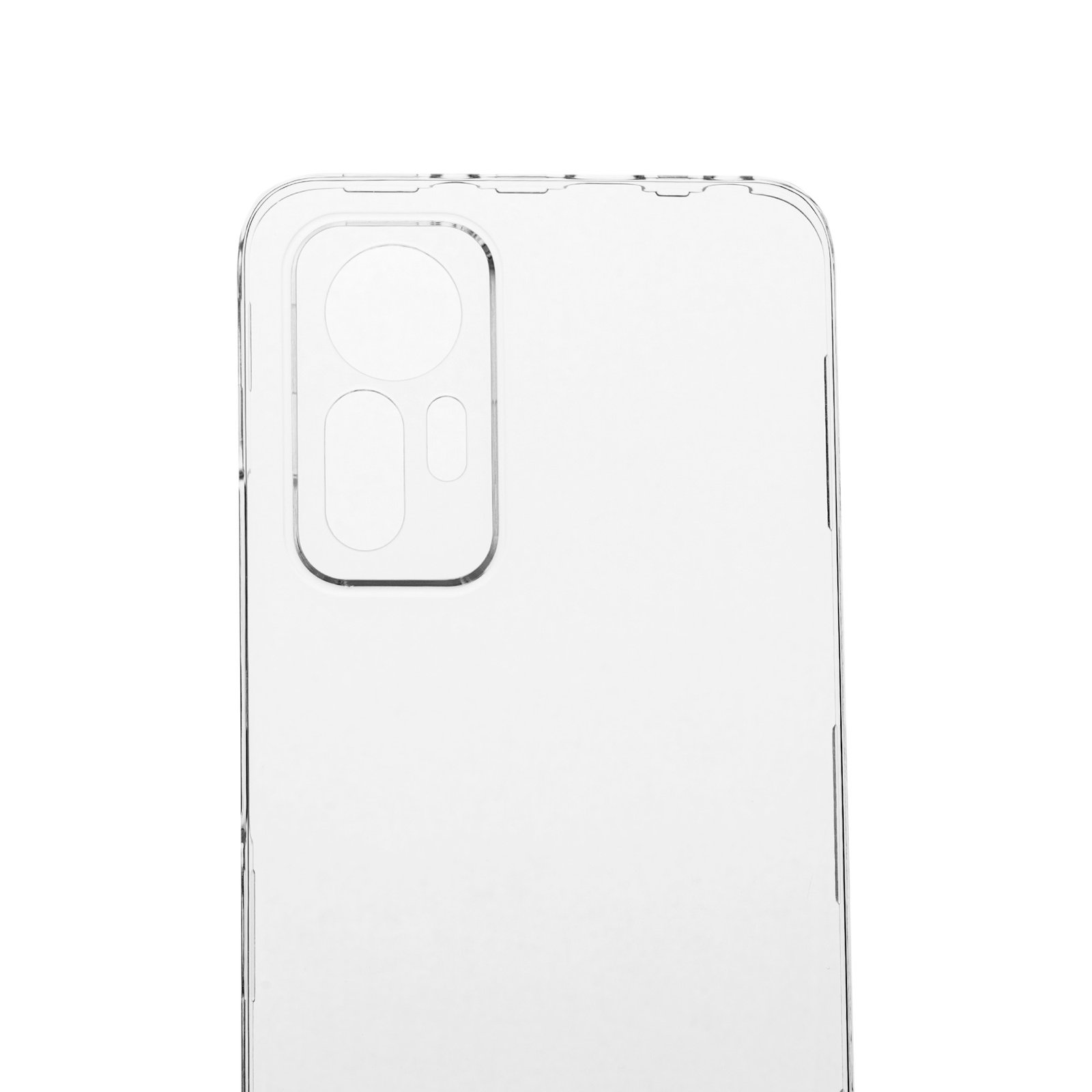 Una funda transparente para teléfono. El diseño incluye recortes para la cámara y otras funciones del teléfono. Fondo blanco.