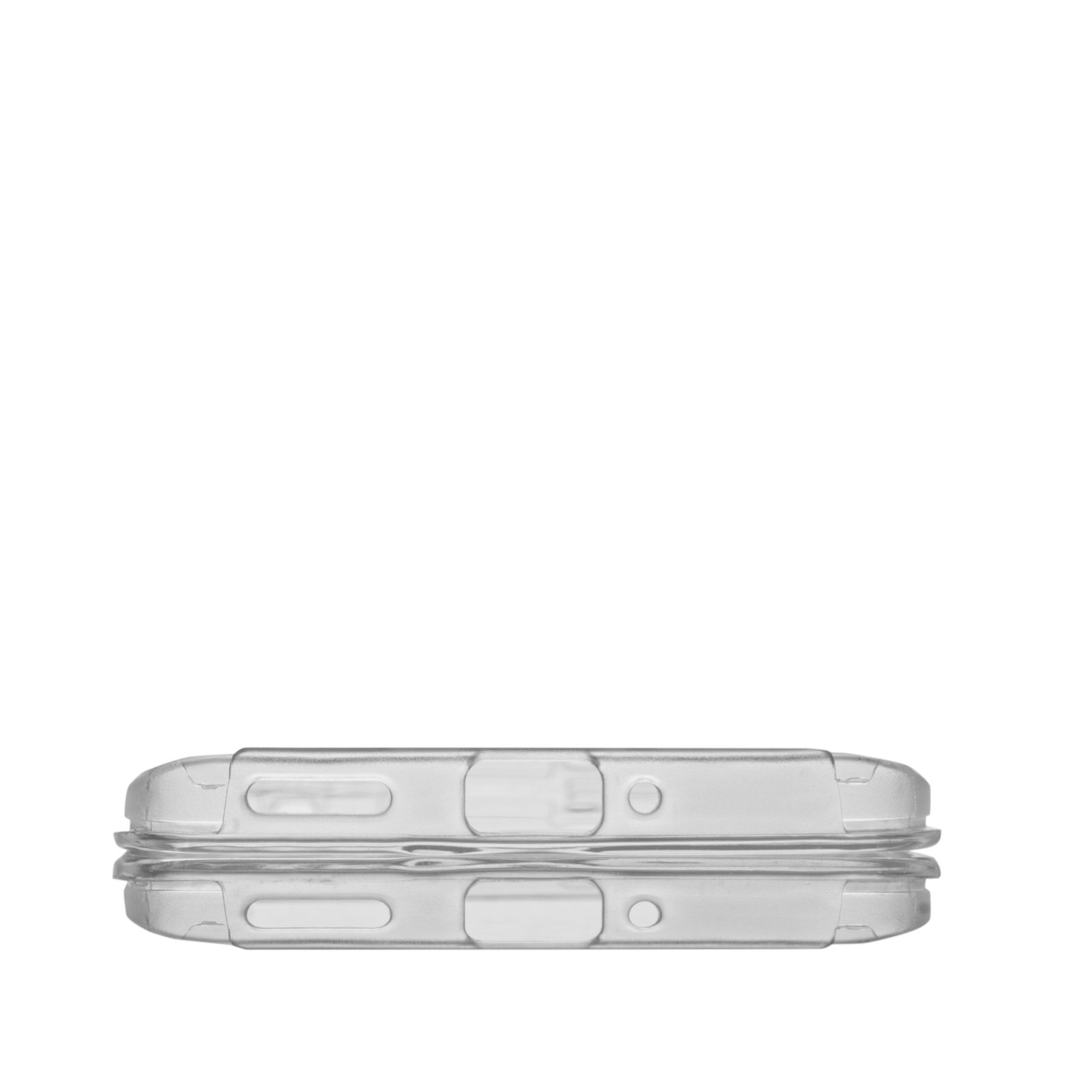 Dos fundas transparentes para teléfono apiladas. Cada funda tiene aberturas para botones y cámara.