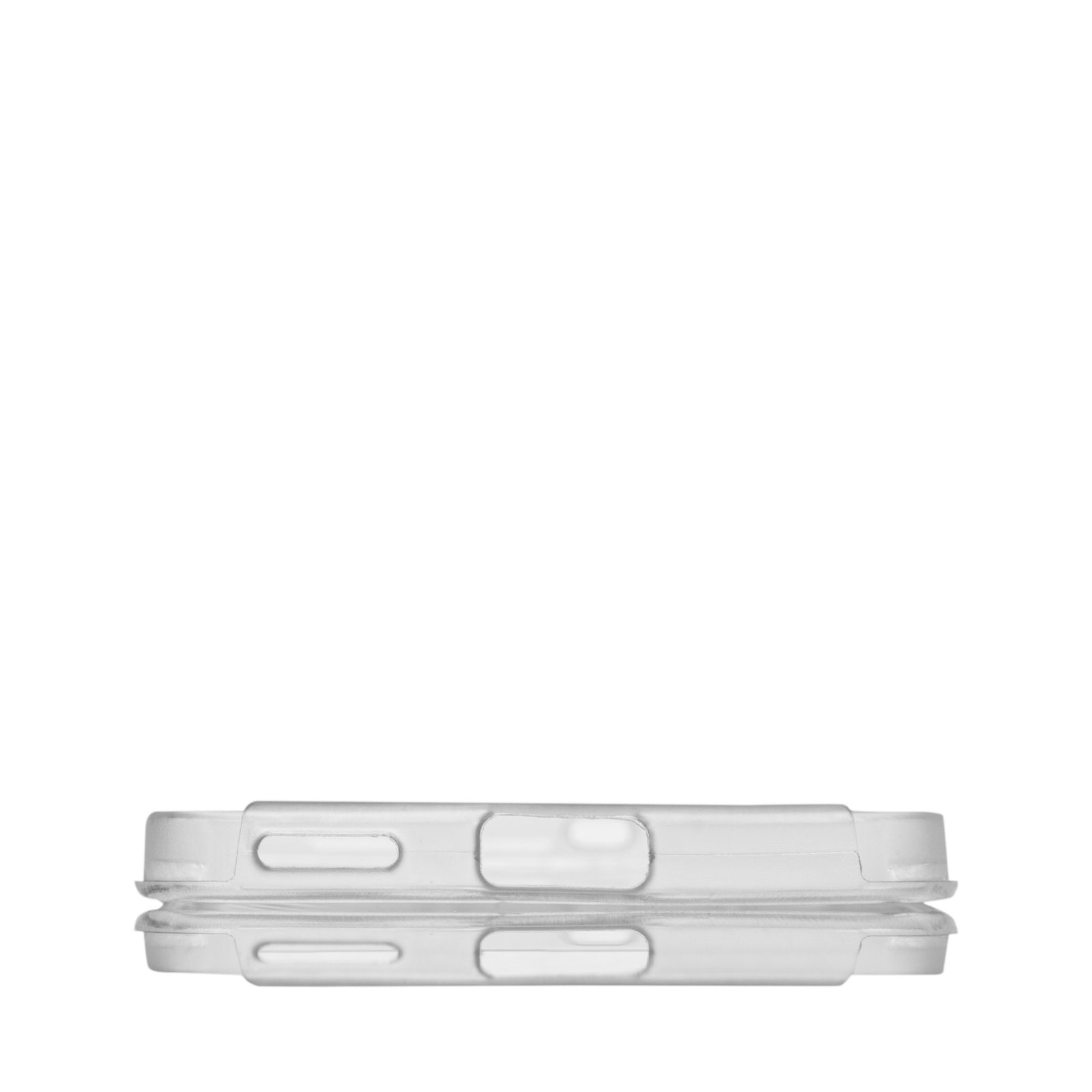 Una funda transparente para teléfono. Rectangular con recortes. El fondo es blanco.
