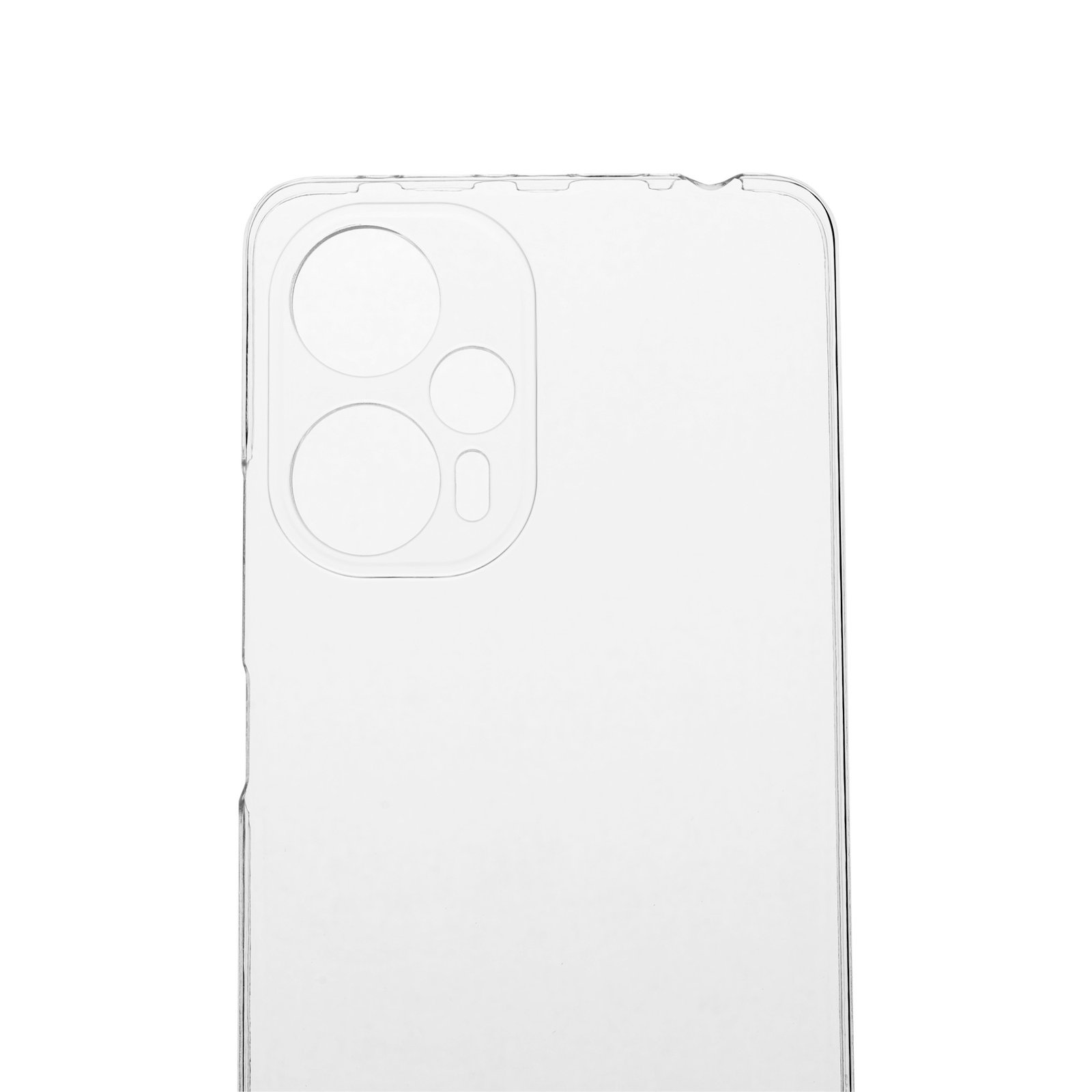 Una funda transparente para teléfono. Tiene recortes para la cámara con múltiples lentes.