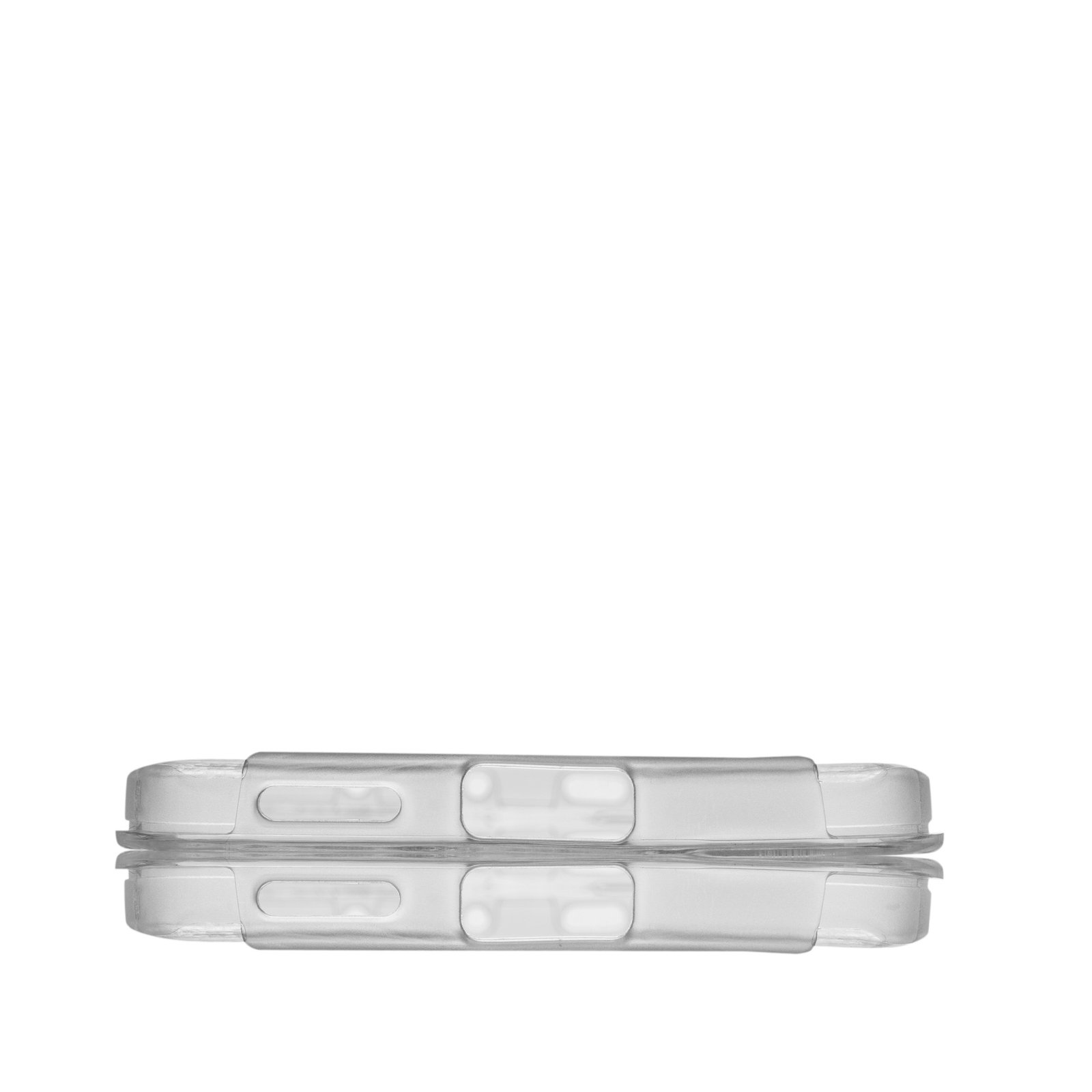 Dos mitades transparentes de funda de teléfono. Las mitades superior e inferior están apiladas. Fondo blanco.