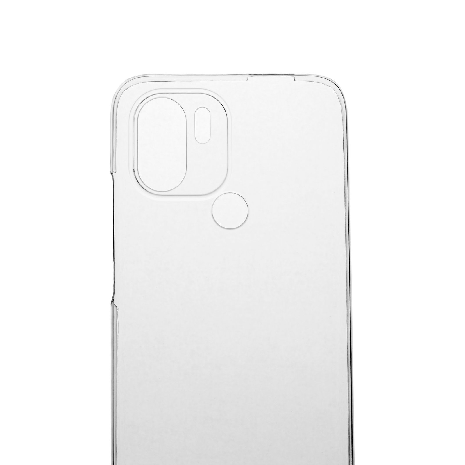 Una funda transparente para teléfono, mostrando recortes de cámara y un sensor de huellas dactilares circular. Fondo blanco.