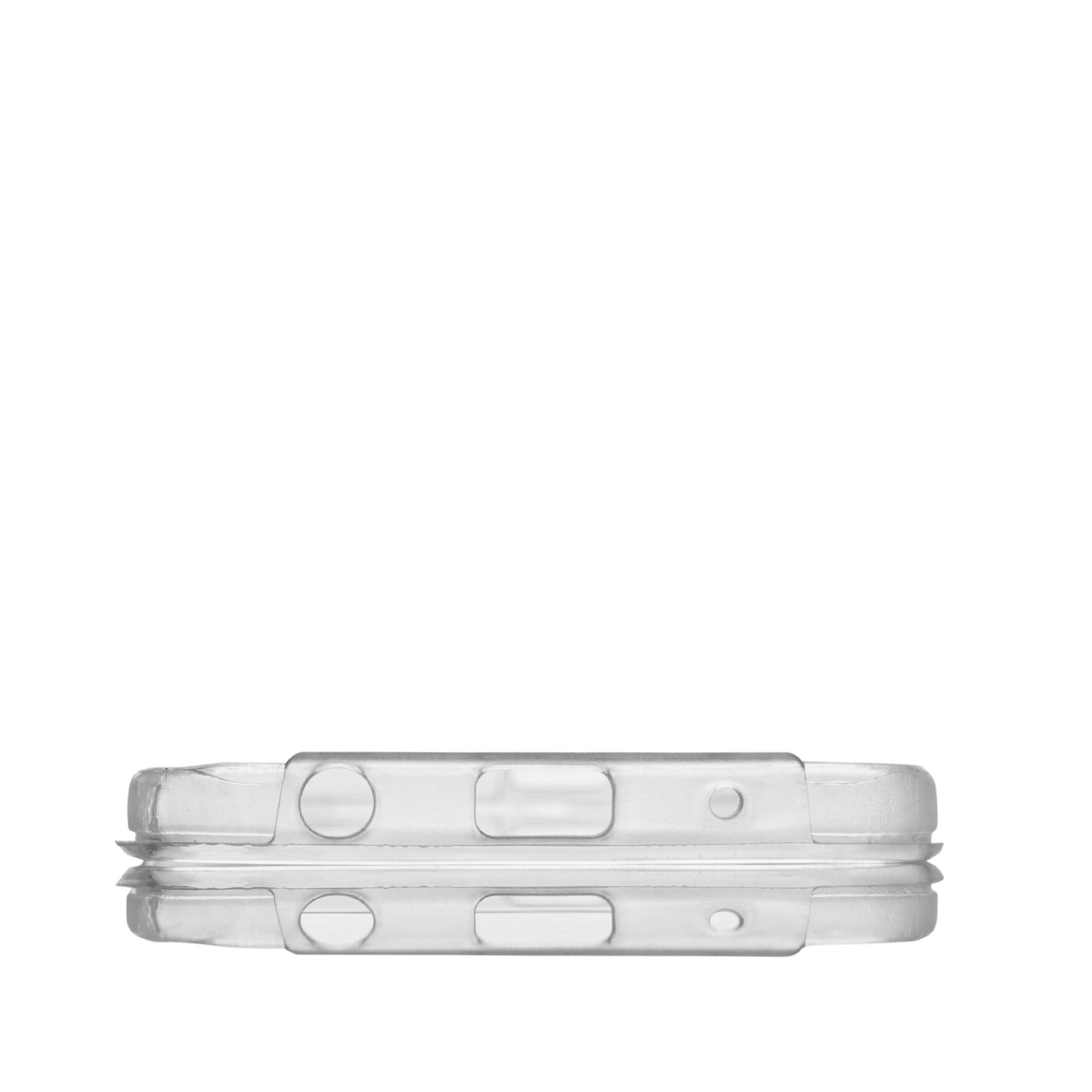 Funda transparente para teléfono, con recortes para botones y cámara, sobre fondo blanco.