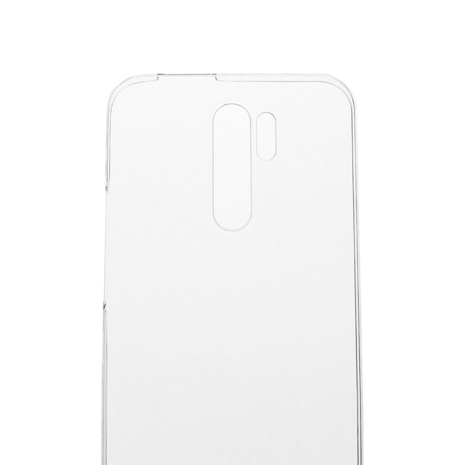 Una funda transparente para teléfono con recorte para la cámara y fondo blanco. La funda es transparente.