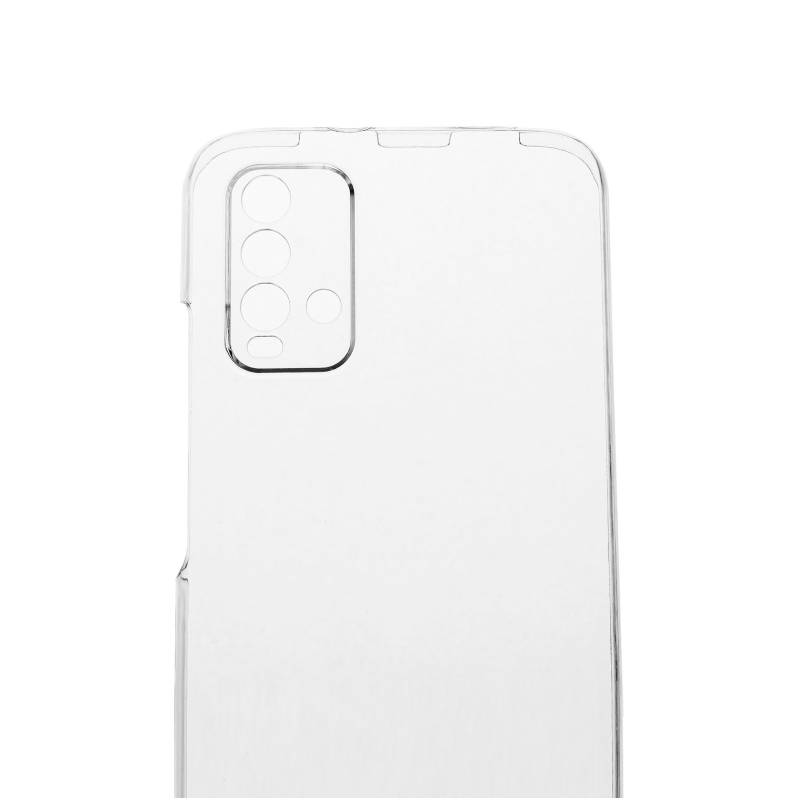 Funda transparente para teléfono sobre fondo blanco. La funda tiene un recorte para la cámara con cuatro círculos.