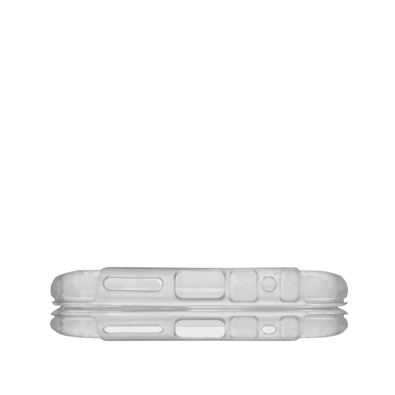 Funda transparente para teléfono, vista inferior. Tiene varias aberturas rectangulares y ovaladas.