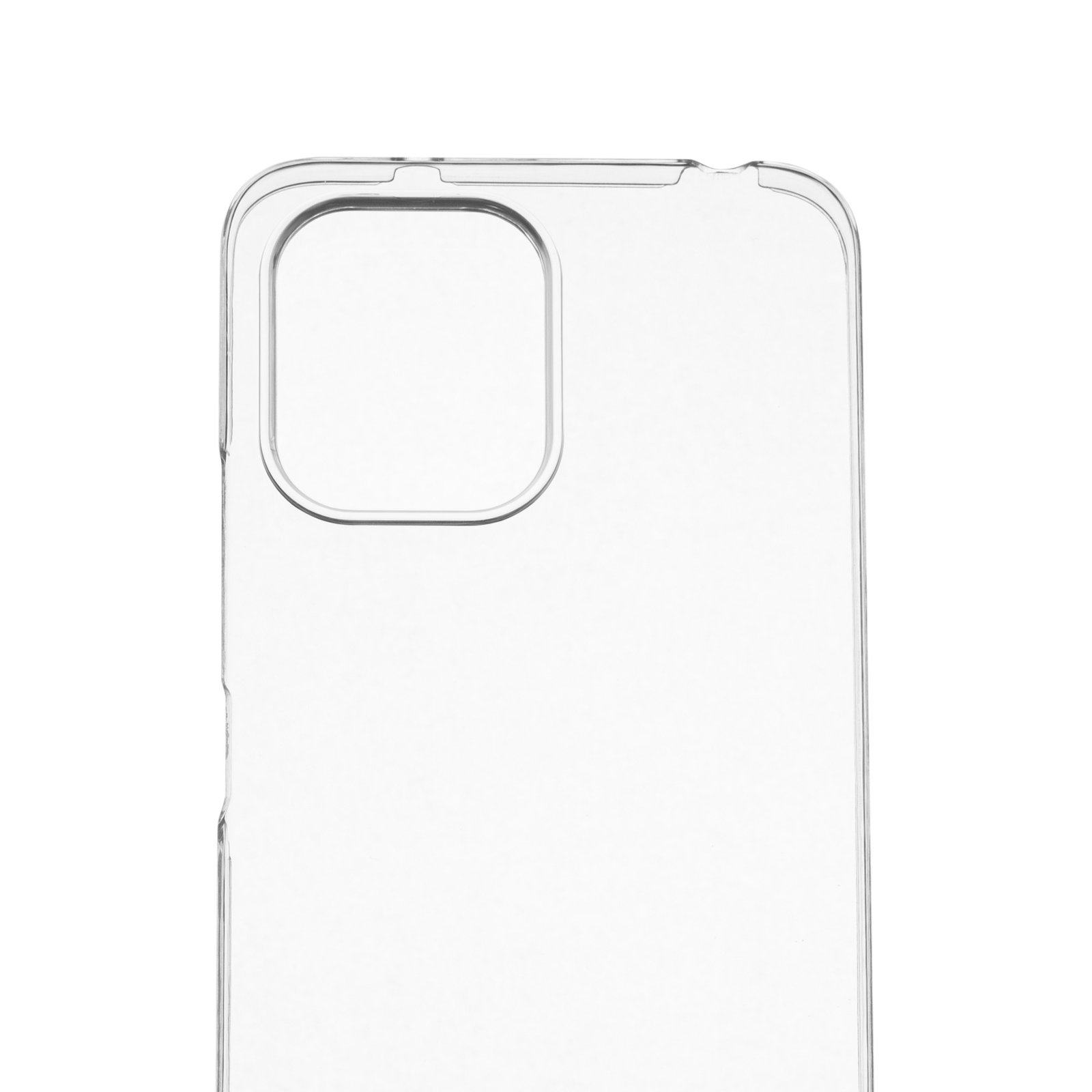 Una funda transparente para teléfono sobre fondo blanco. Tiene un recorte para la cámara y es ligeramente transparente.