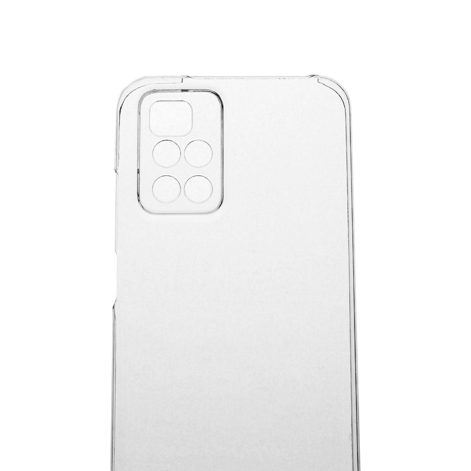 Se muestra una funda transparente para teléfono. Tiene un recorte para la cámara con varios círculos. El fondo es blanco.