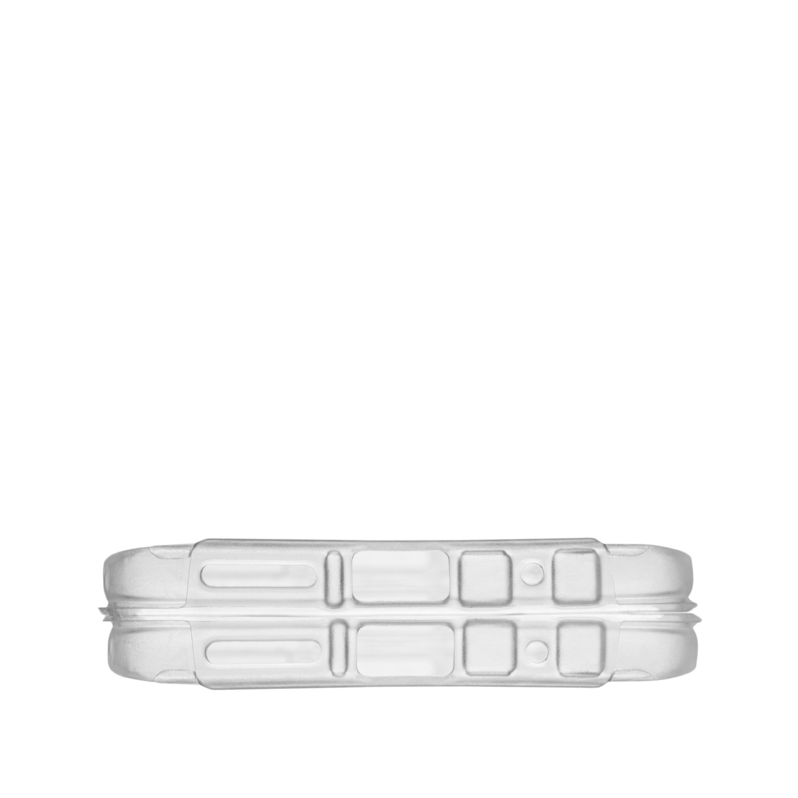 Una funda protectora transparente para teléfono se posiciona horizontalmente. Tiene forma rectangular con múltiples cortes y textura.