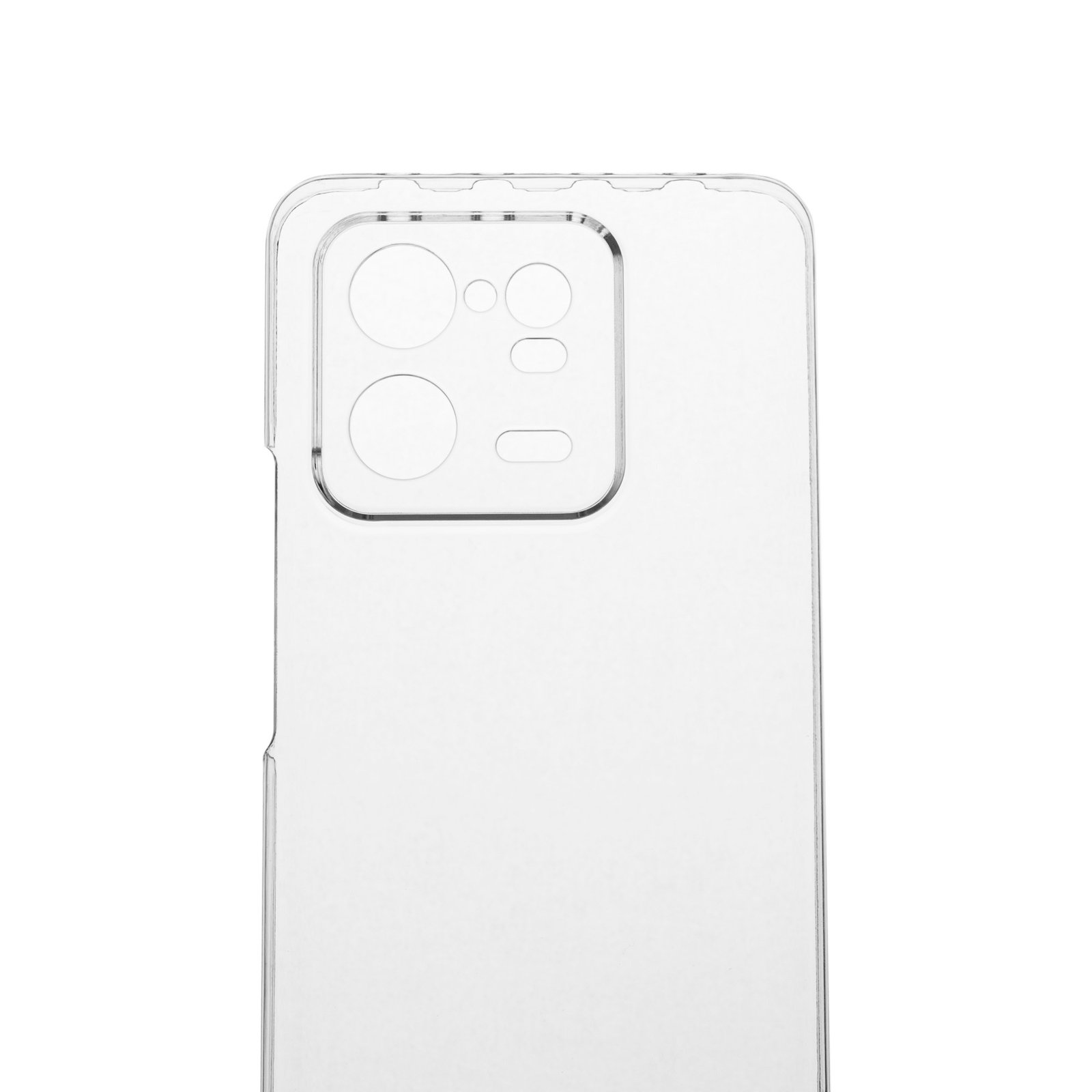 Funda transparente para teléfono sobre fondo blanco. La funda tiene un recorte para la cámara y un diseño elegante.